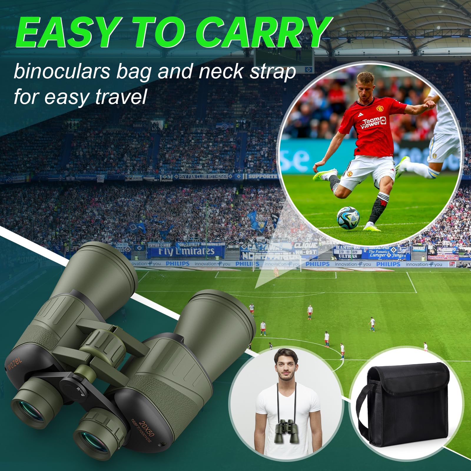 Wozel 20X52 Binoculars For Adults High Powered - Hd Binoculars With Clear Low Light Vision For Bird Watching Hunting Hiking Travel Cruise Ship Sports Events
