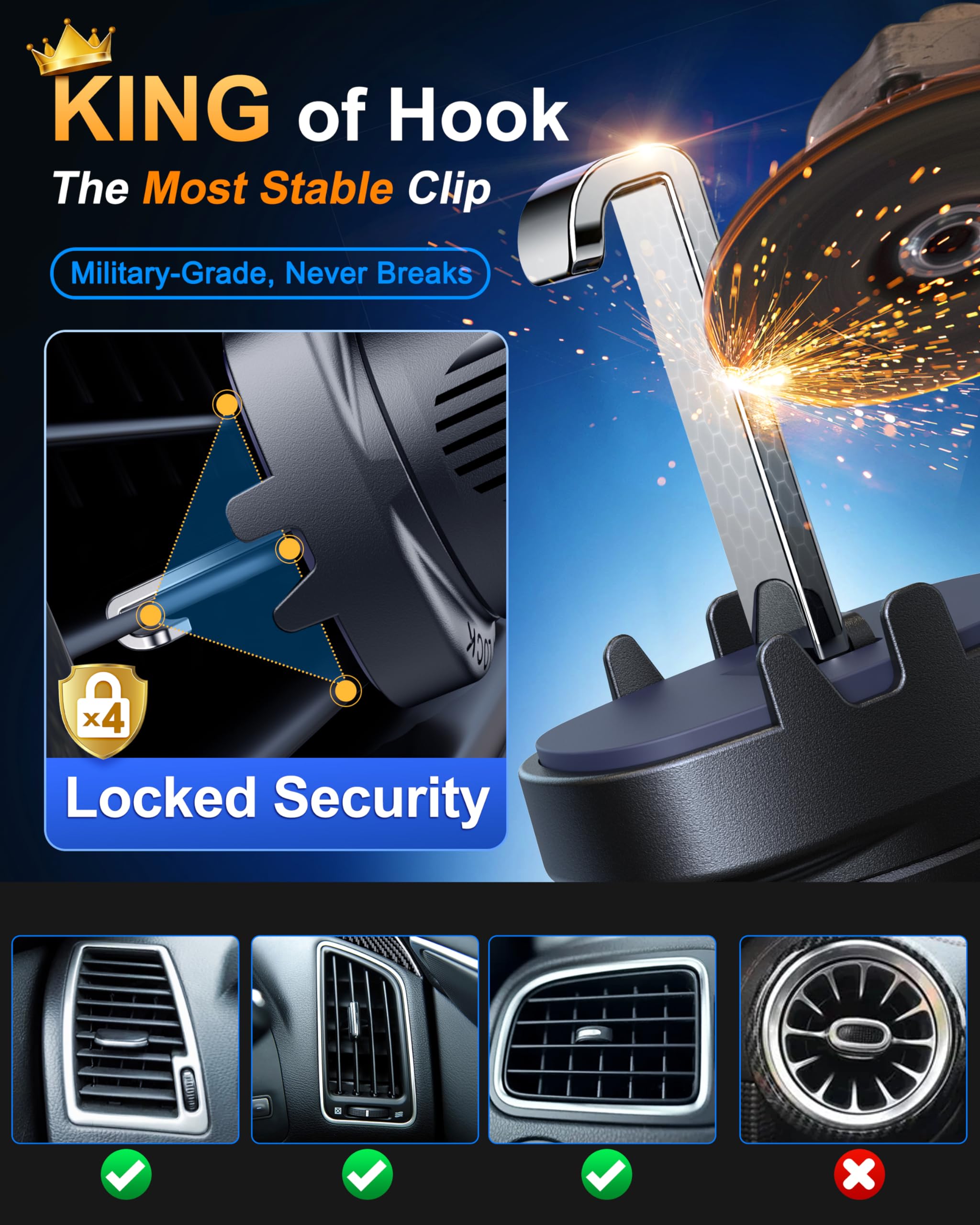 Htu   For Magsafe Car Mount 【Strongest Magnet & Suction】 5-In-1 Bendable Dashboard Windshield Vent Vacuum Magnetic Phone Holder For Iphone 16 15【Patent & Safety Cert】, Non-Charging, Blue