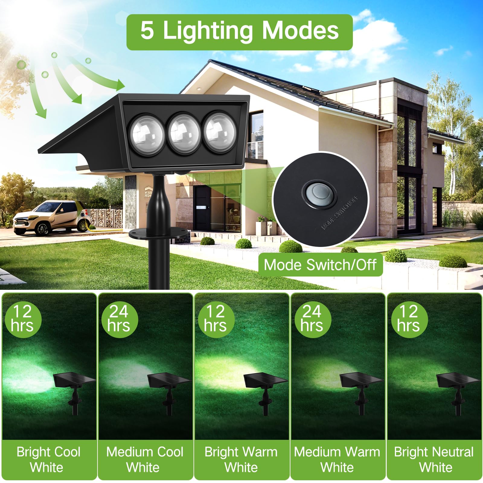 Outon Solar Spot Lights Outdoor, 5 Lighting Modes Ip68 Waterproof Solar Powered Garden Light, Dusk-To-Dawn Auto On/Off Outside Light, Led Spotlights For Landscape Yard Pathway House, 6 Pack