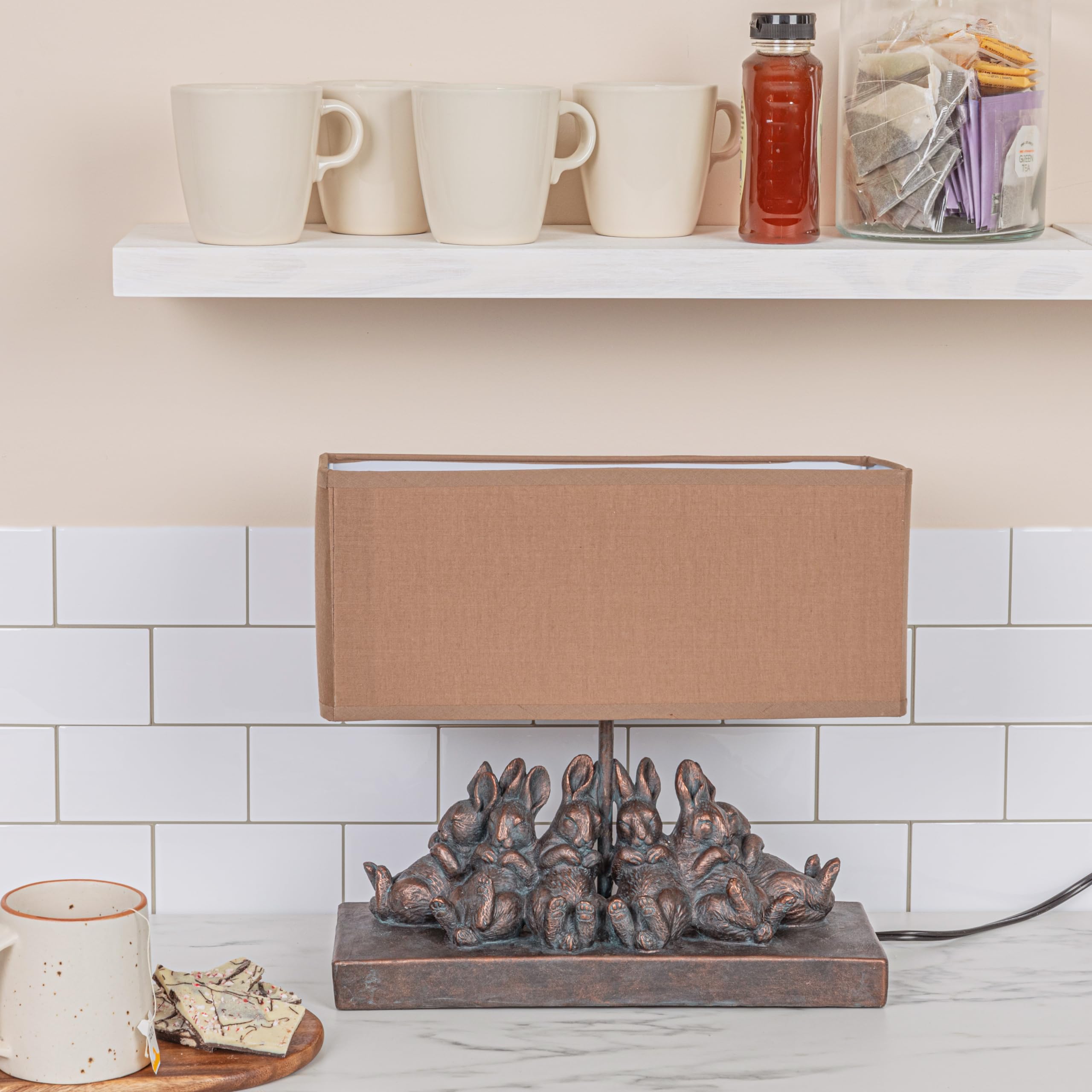 Creative Co-Op Resin Rabbit Table Lamp With Rectangle Linen Shade, Bronze Finish