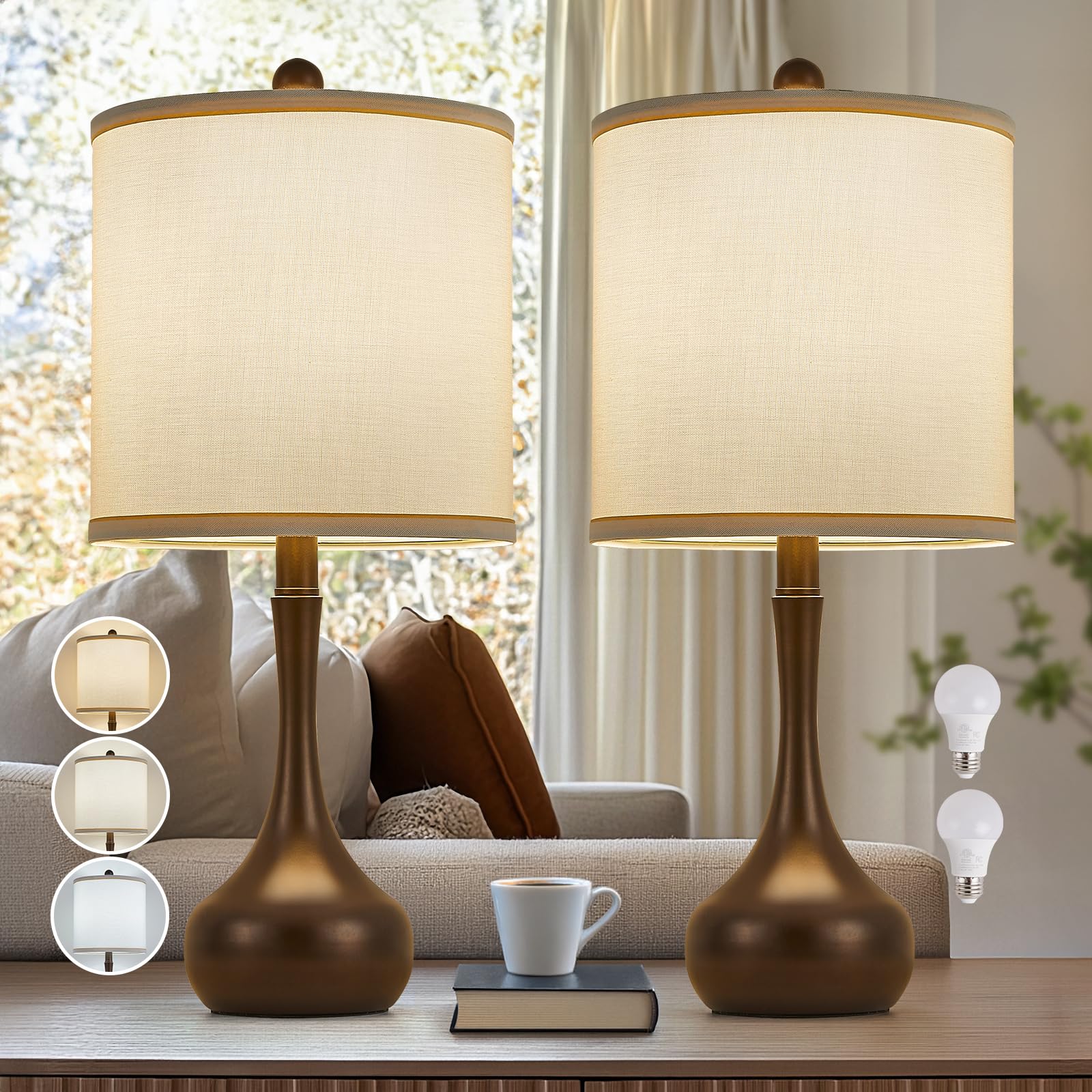 Helijia 23" Brown Metal Modern Table Lamp Set Of 2,Farmhouse Bedside Lamps For Living Room, 3 Color Temperature Rustic Table Lamps For Bedroom, Night Stands, Dorm,Office, Home Décor (Bulb Included)