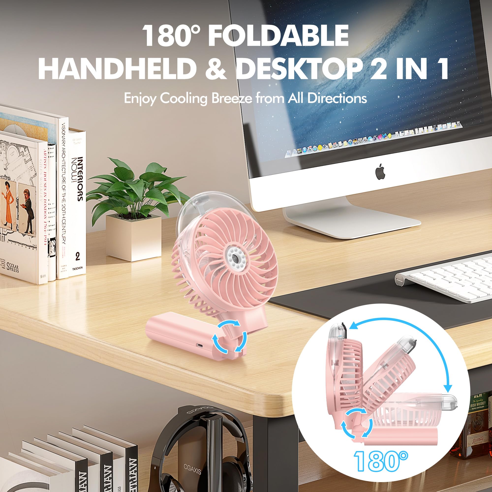 Morecore Portable Misting Fan, 180° Foldable Handheld Personal Fan With Mist Spray, 3 Adjustable