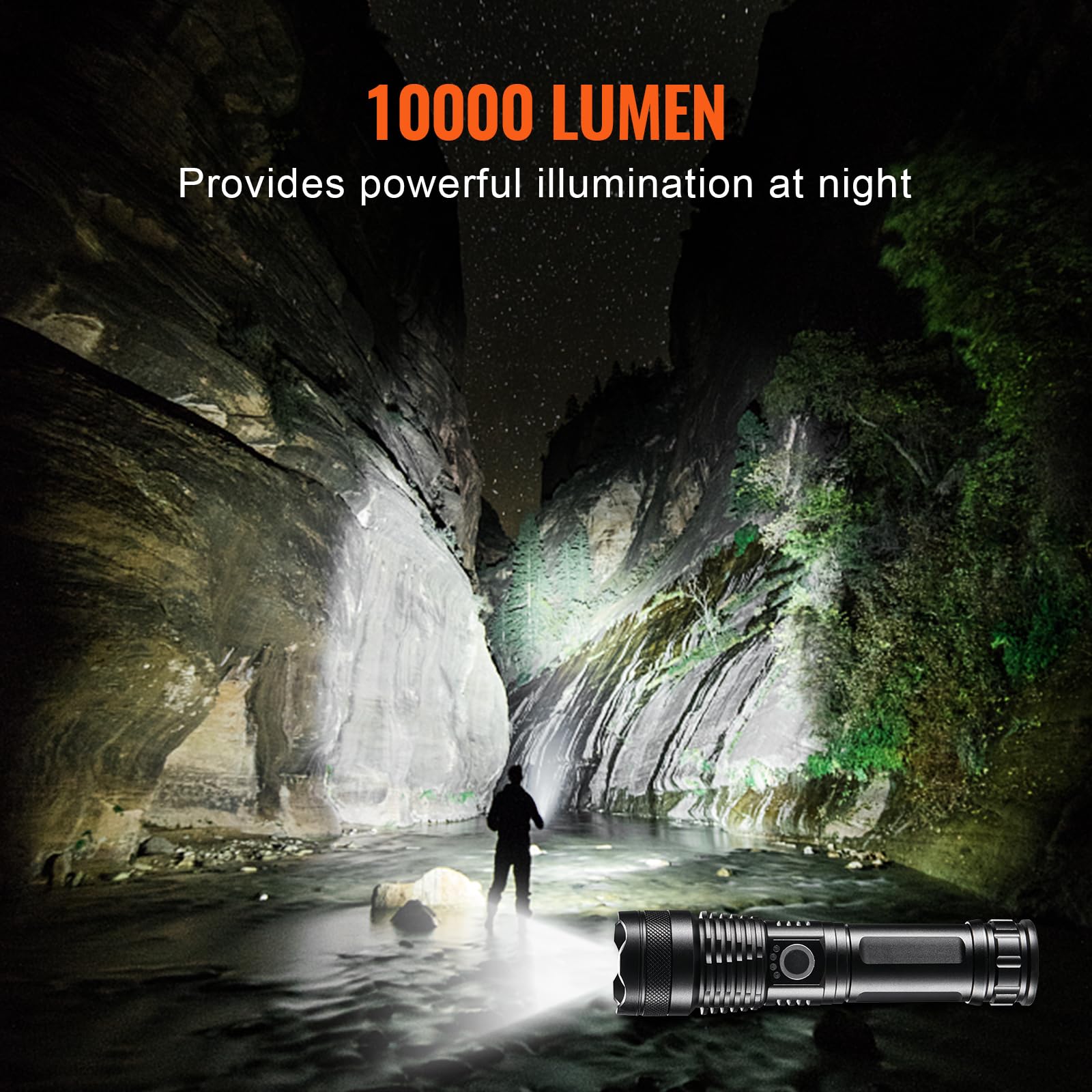 Vevor 10000 Lumen High Lumens Flashlight, 5 Lighting Modes Rechargeable, Ipx4 Led Waterproof Flashlight, Powerful Aluminum Alloy Handheld Flashlight For Camping Hiking Biking Fishing Night Running