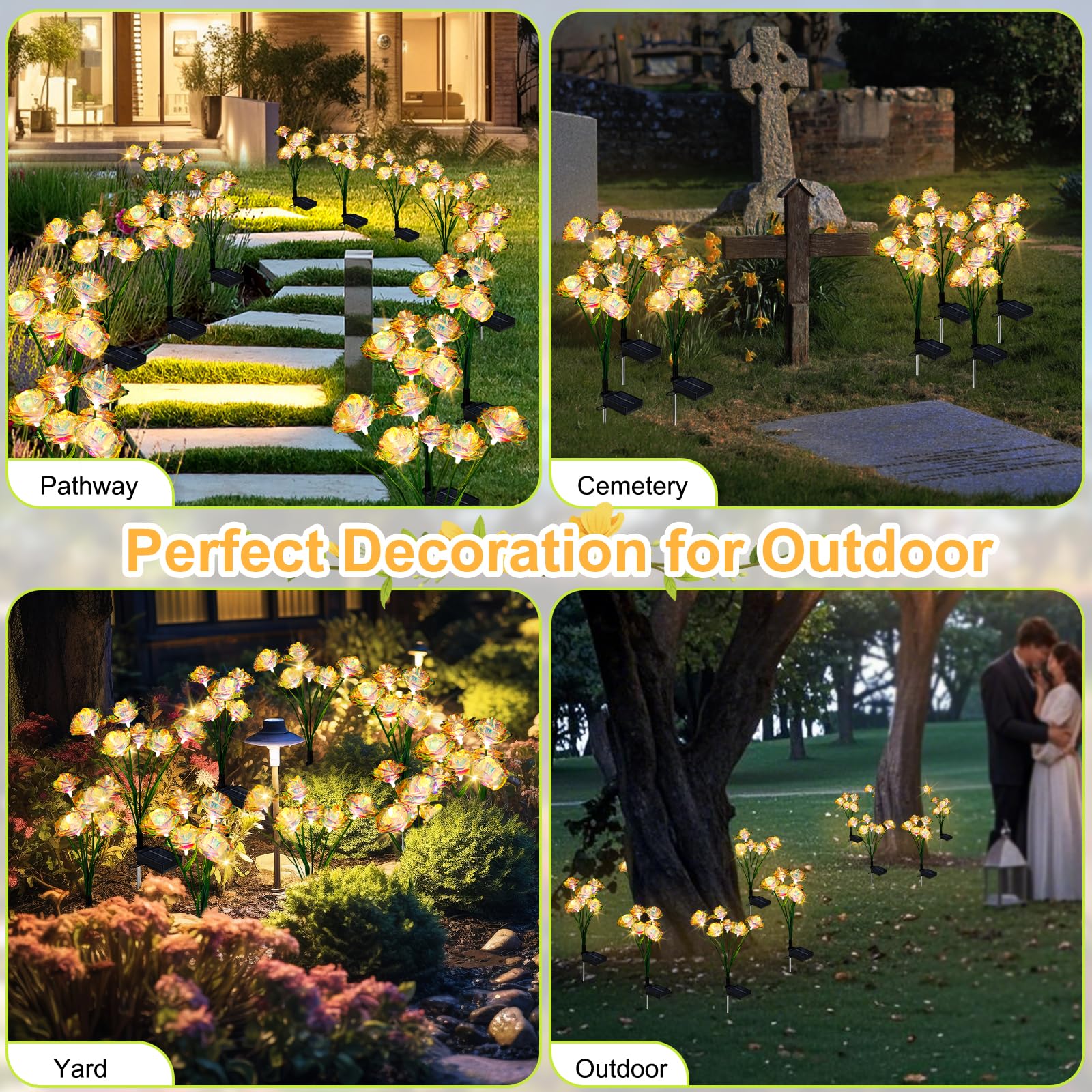 Veeool Solar Garden Lights Outdoor, 4 Pack 24-Head Artificial Flowers Solar Lights, Ip65 Waterproof Garden Decoration For Yard Patio Path Cemetery Grave,  For Mom Women Bithday Mother'S Day-Auto On/Off