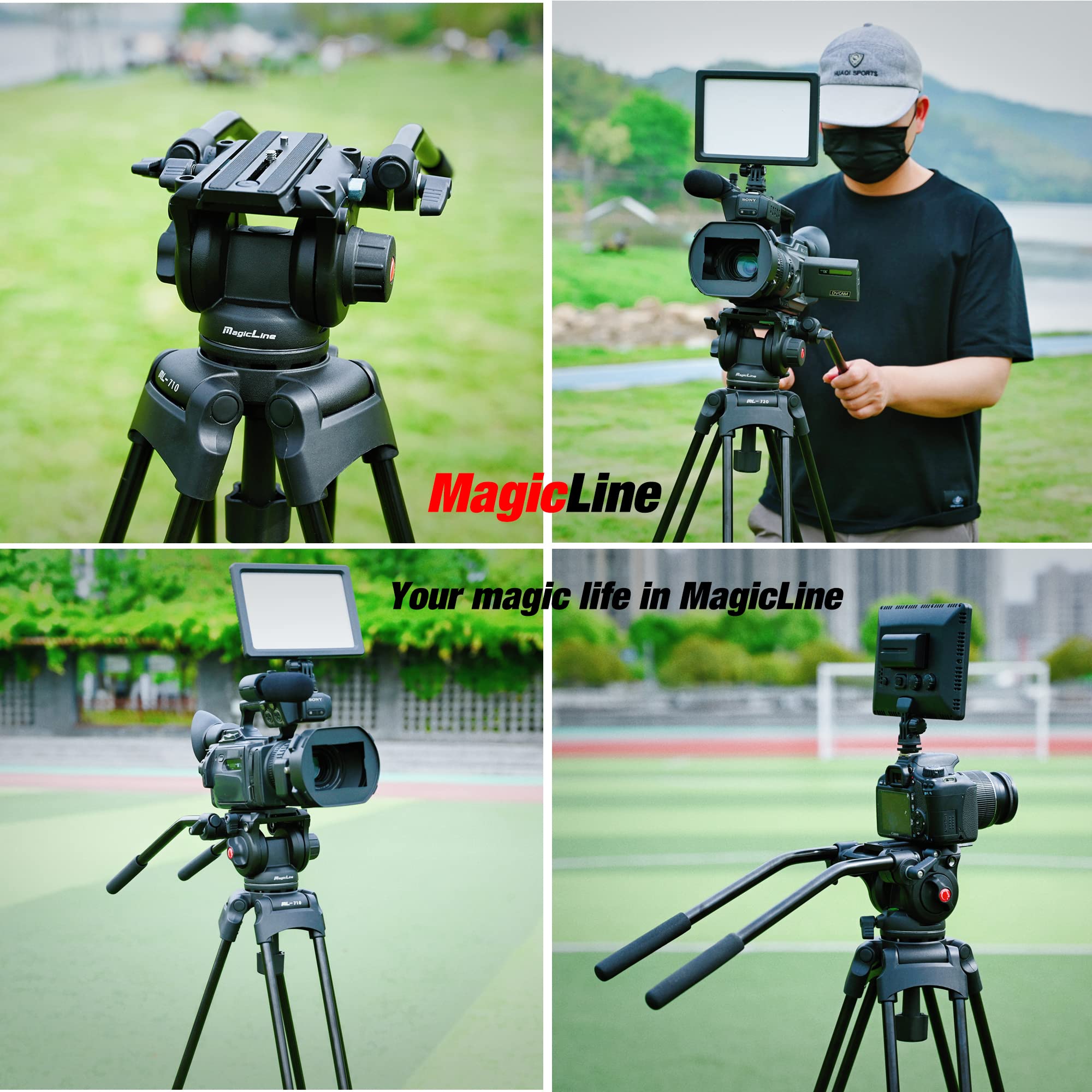 Magicline 68.7 Inch Heavy Duty Aluminum Video Camera Tripod With Fluid Head, 2 Pan Bar Handles, Adjustable Ground Spreader,Qr Plate, Max Load 26.5 Lb For Canon Nikon Sony Dslr Camcorder Cameras