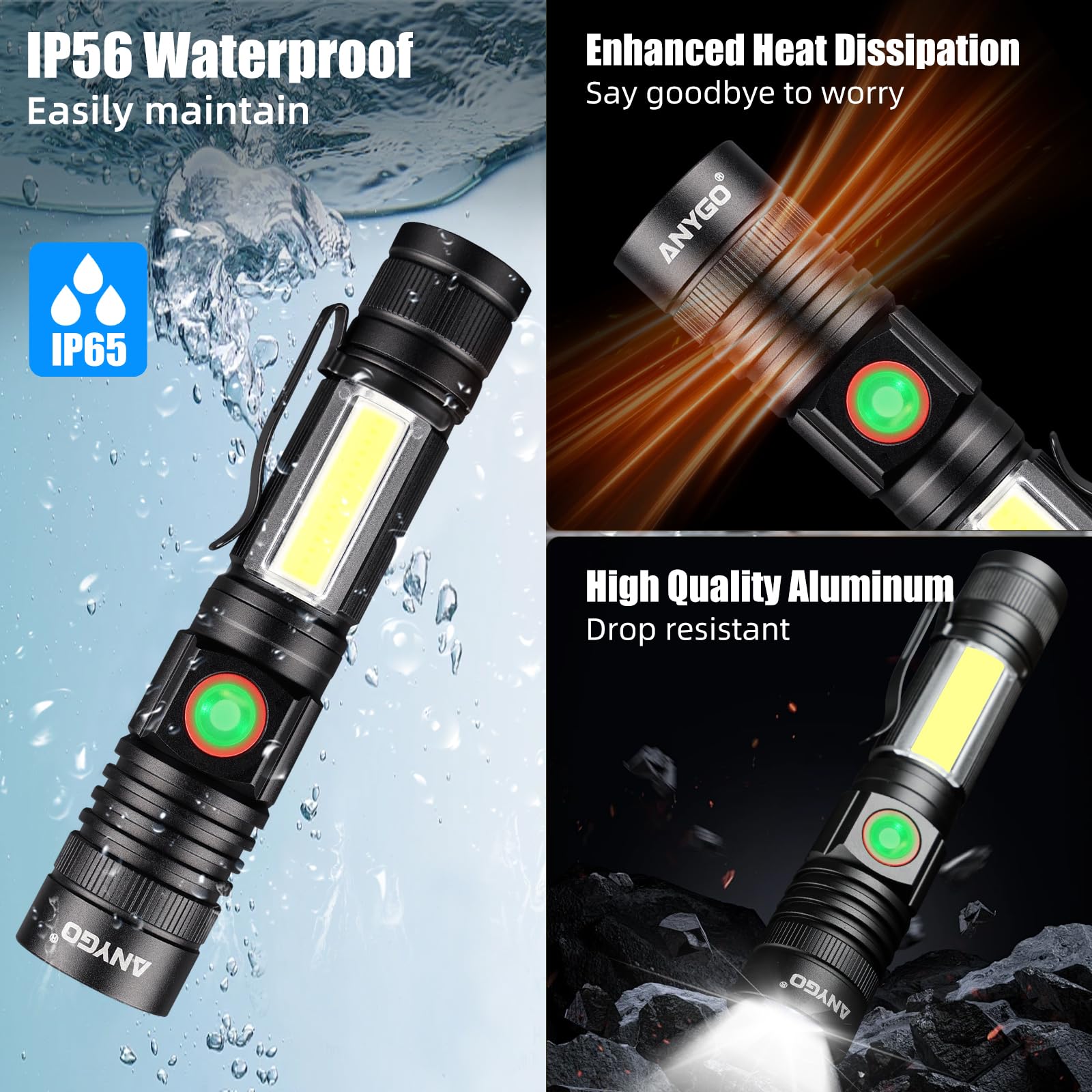 Anygo Rechargeable Usb Magnetic Led Flashlight High Lumens With Cob Sidelight, 1500Lm, Ip65 Waterproof, 4 Modes, Zoomable Linterna For Car, Camping, Repair And Emergence（2-Pack）