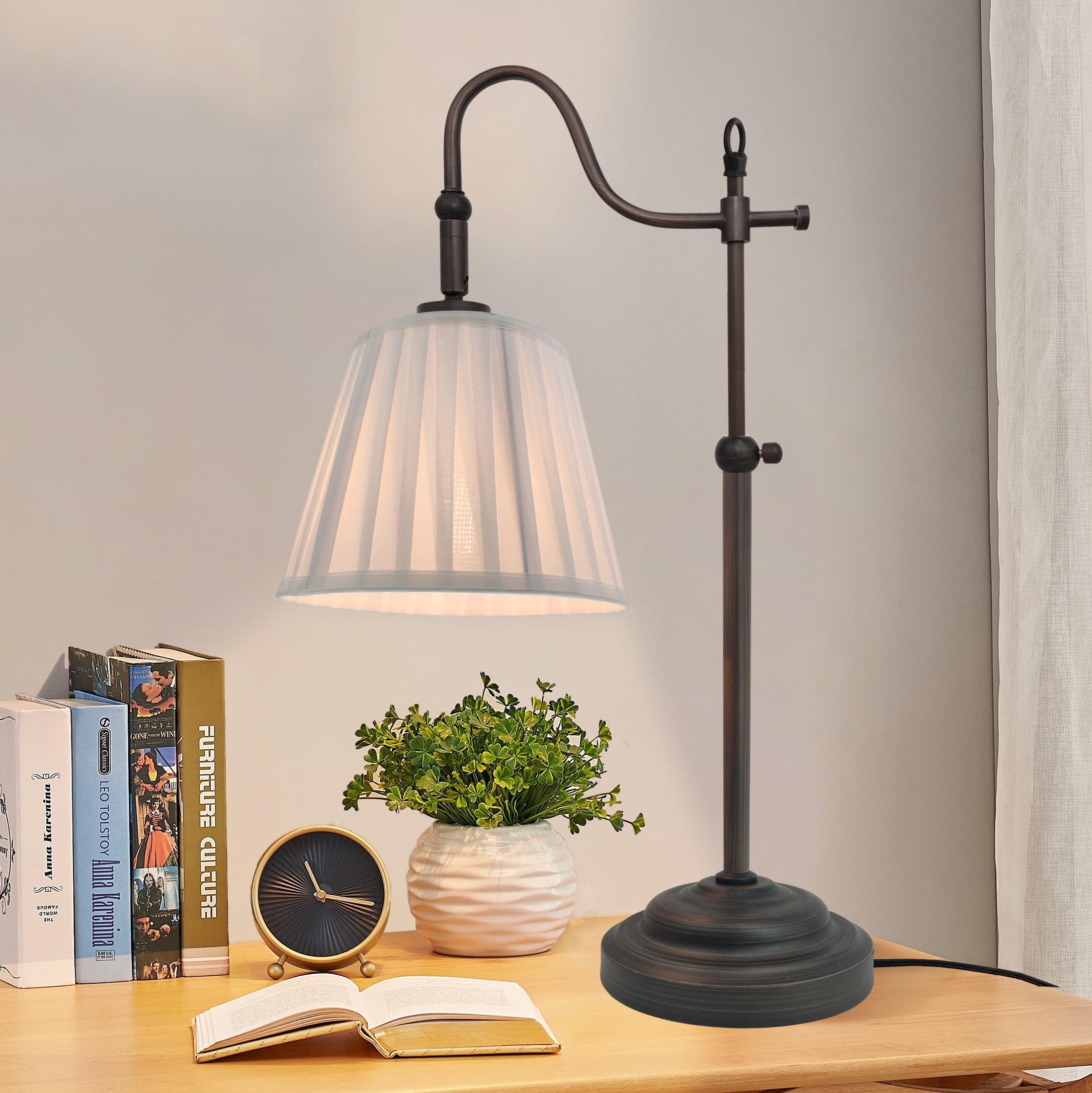 Timex Objects Farmhouse Table Lamps For Living Room, Rustic Desk Lamp With Adjustable Height, Industrial Reading Vintage Light With Pleated Fabric Lampshade For Bedroom,E26