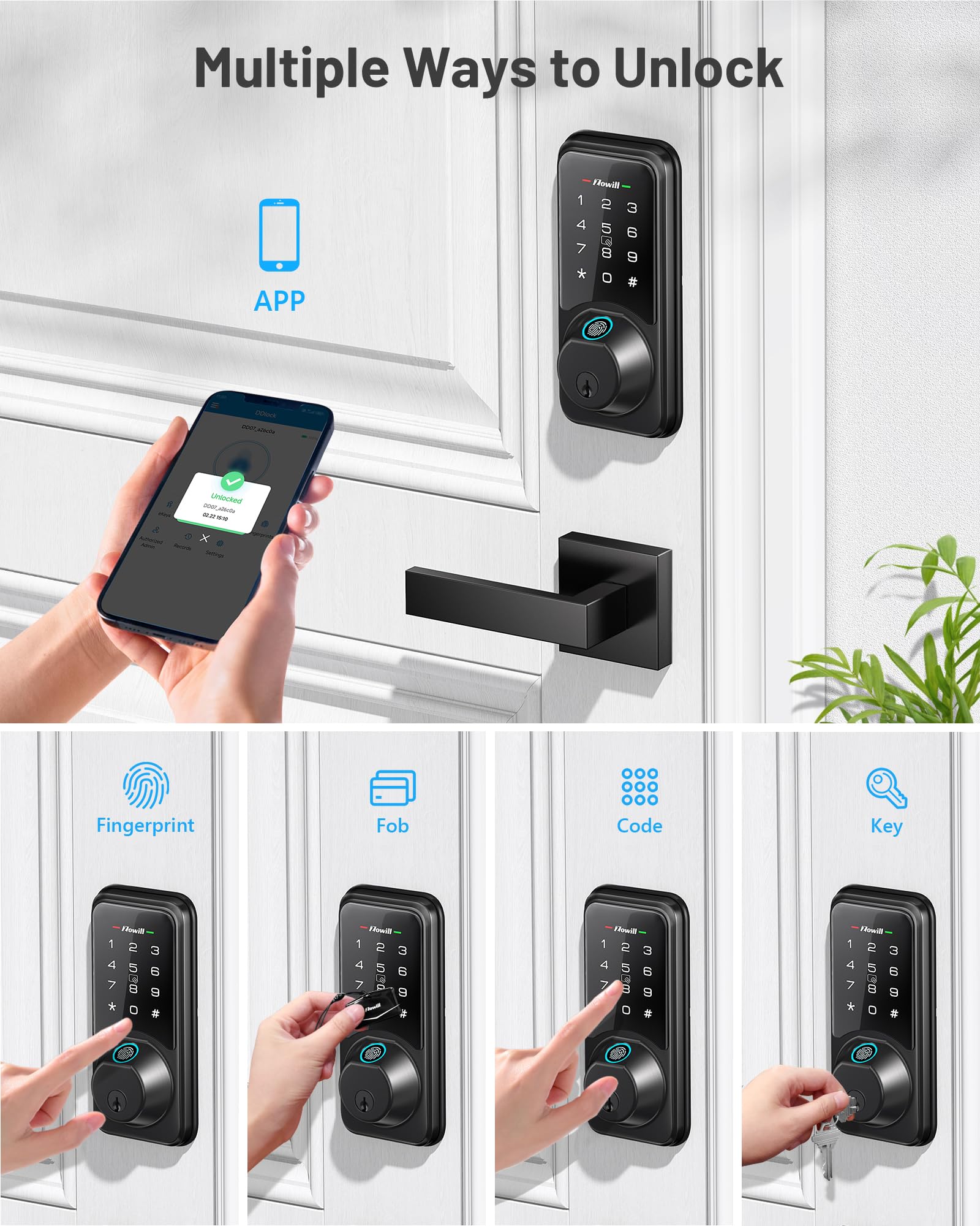 Zowill Smart Door Lock Set For Front Door, 7-In-1 Fingerprint Deadbolt With App Control, Keyless Entry Door Lock With 2 Lever Handles, Biometric,Touchscreen Keypad, Auto Lock, Matte Black