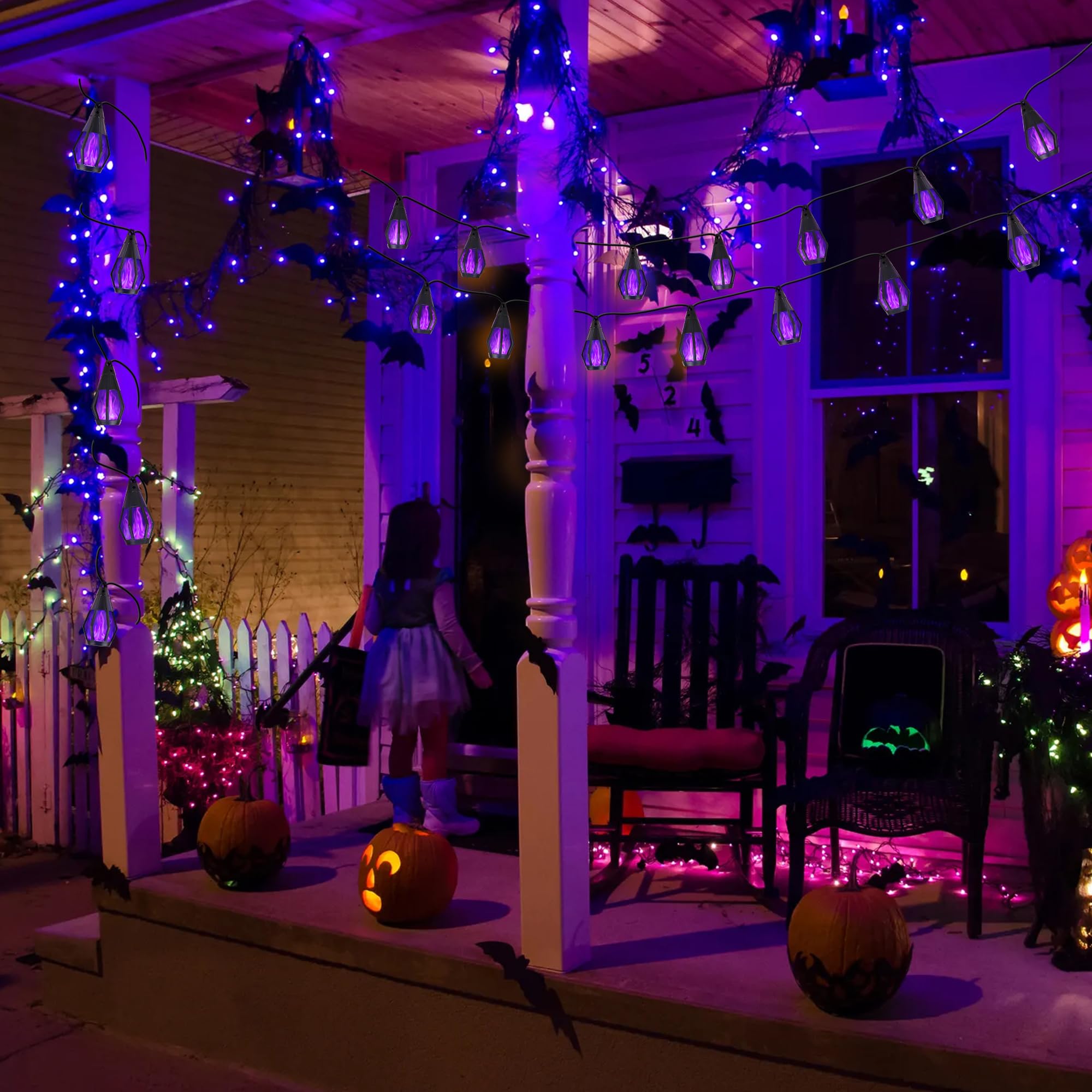 Jnaurb Solar Halloween Lights Outdoor, 13Ft Outdoor String Lights With 10 Flickering Flame Bulb, Waterproof Solar Powered Purple Halloween Lights Led Flame Lights For Halloween Decorations Yard Patio Garden