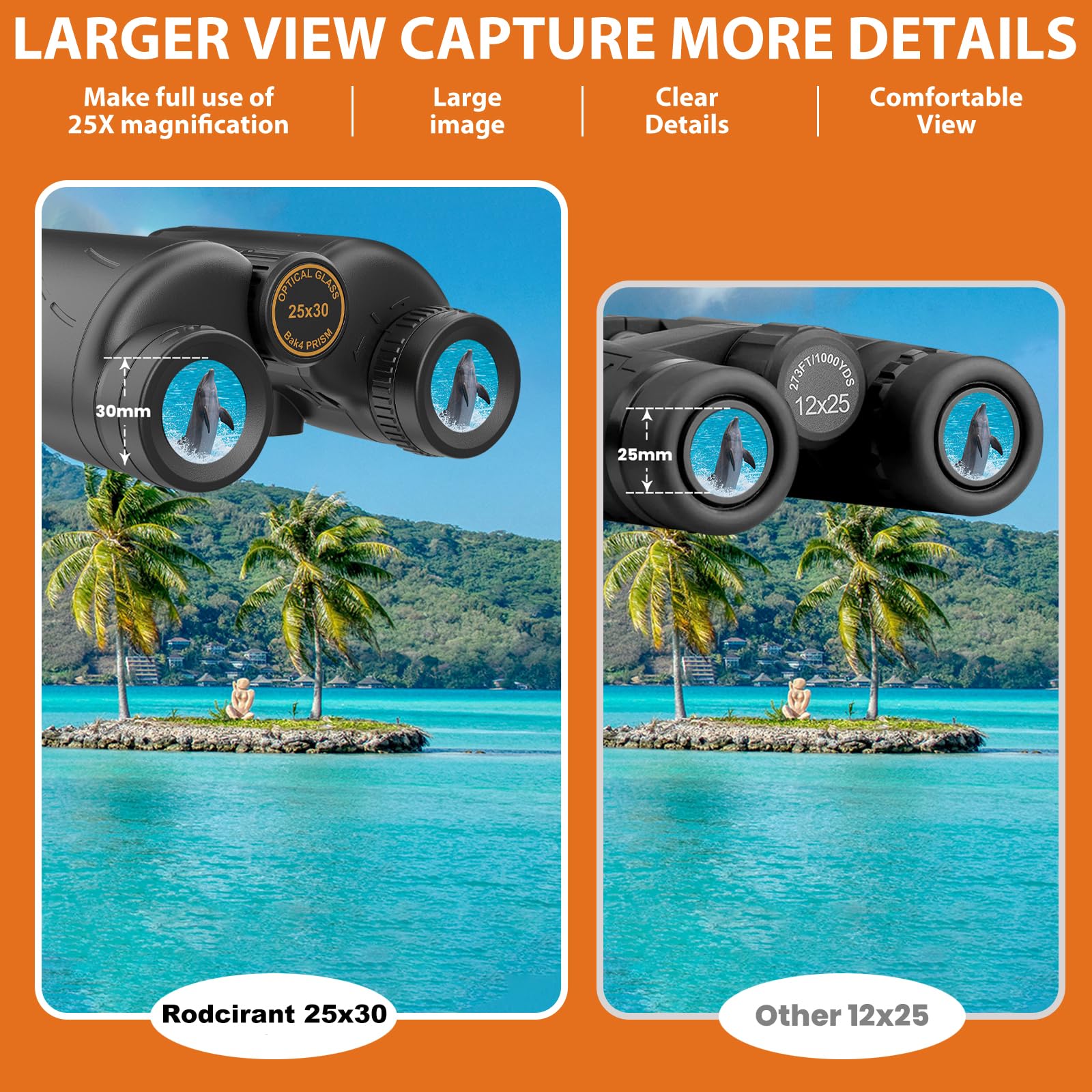 Rodcirant Binoculars 25X30 For Adults With Universal Phone Adapter, Tripod And Tripod Adapter,Large Eyepiece Easy Focus Compact And Waterproof Binoculars For Bird Watching,Hiking And Travel