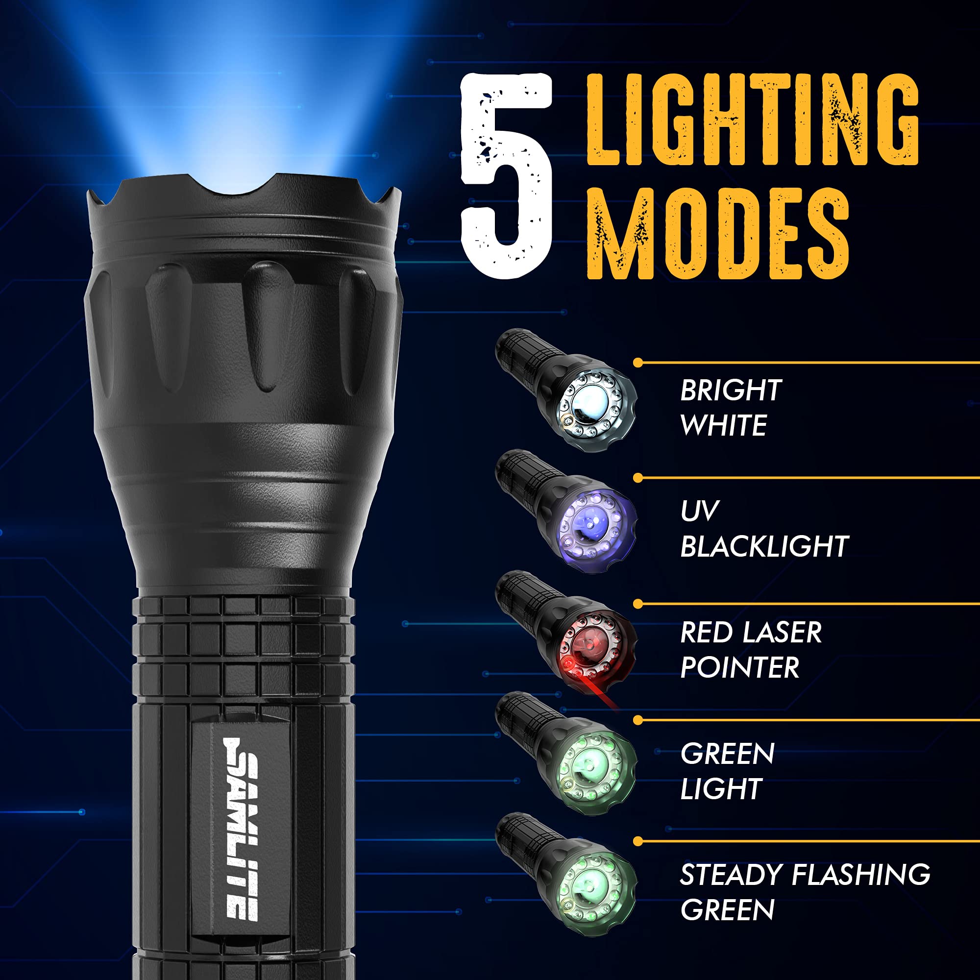 Samlite Samlite- Led Tactical Flashlight With 5 Options, Bright Led Light, Laser Pointer, Uv Blacklight, Green Light And Magnetic Bottom - Water Resistant - (3 Aaa Batteries Included)