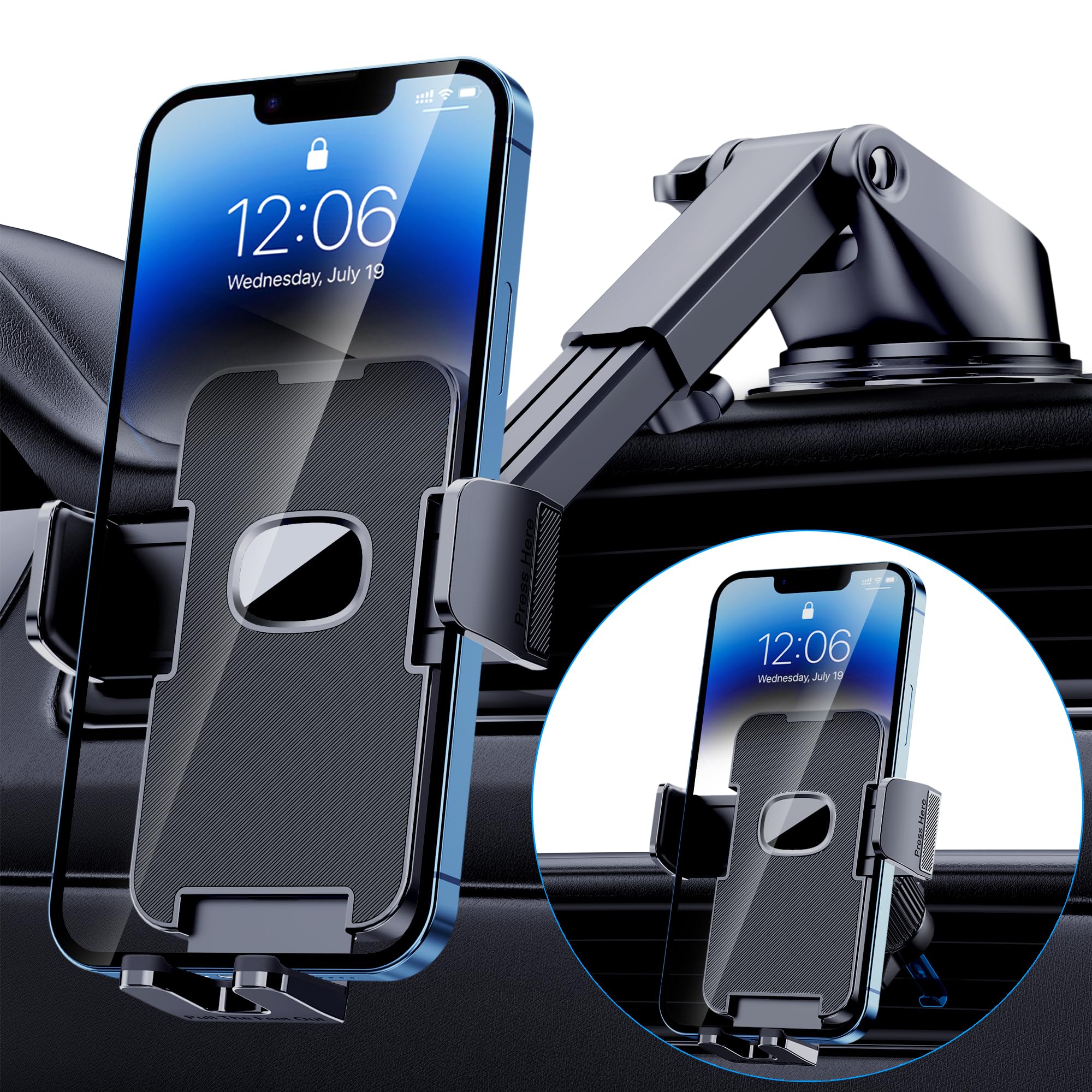 Guwez Phone Holder Car Mount For Iphone [Powerful Suction] Phone Mount For Car Dashboard Windshield Air Vent Universal Accessories [Thick Cases Friendly] Automobile Phone Holder Fit Iphone Smartphone