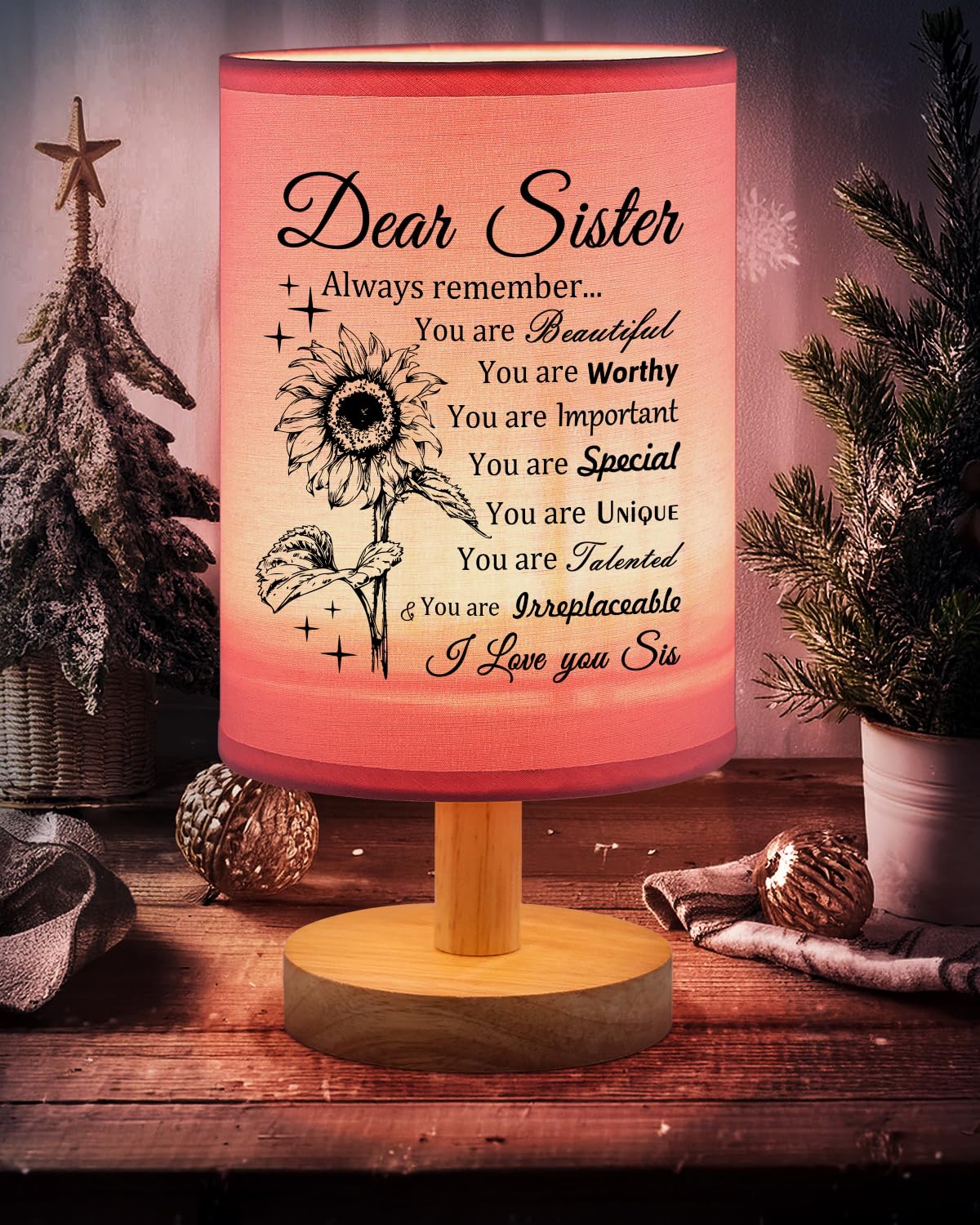 Calibron Sister , Sister Birthday Fabric Lamp, Birthday For Sister, Sisters From Sister Table Lamp With Wooden Stand, Anniversary Wedding For Sister (Pink)
