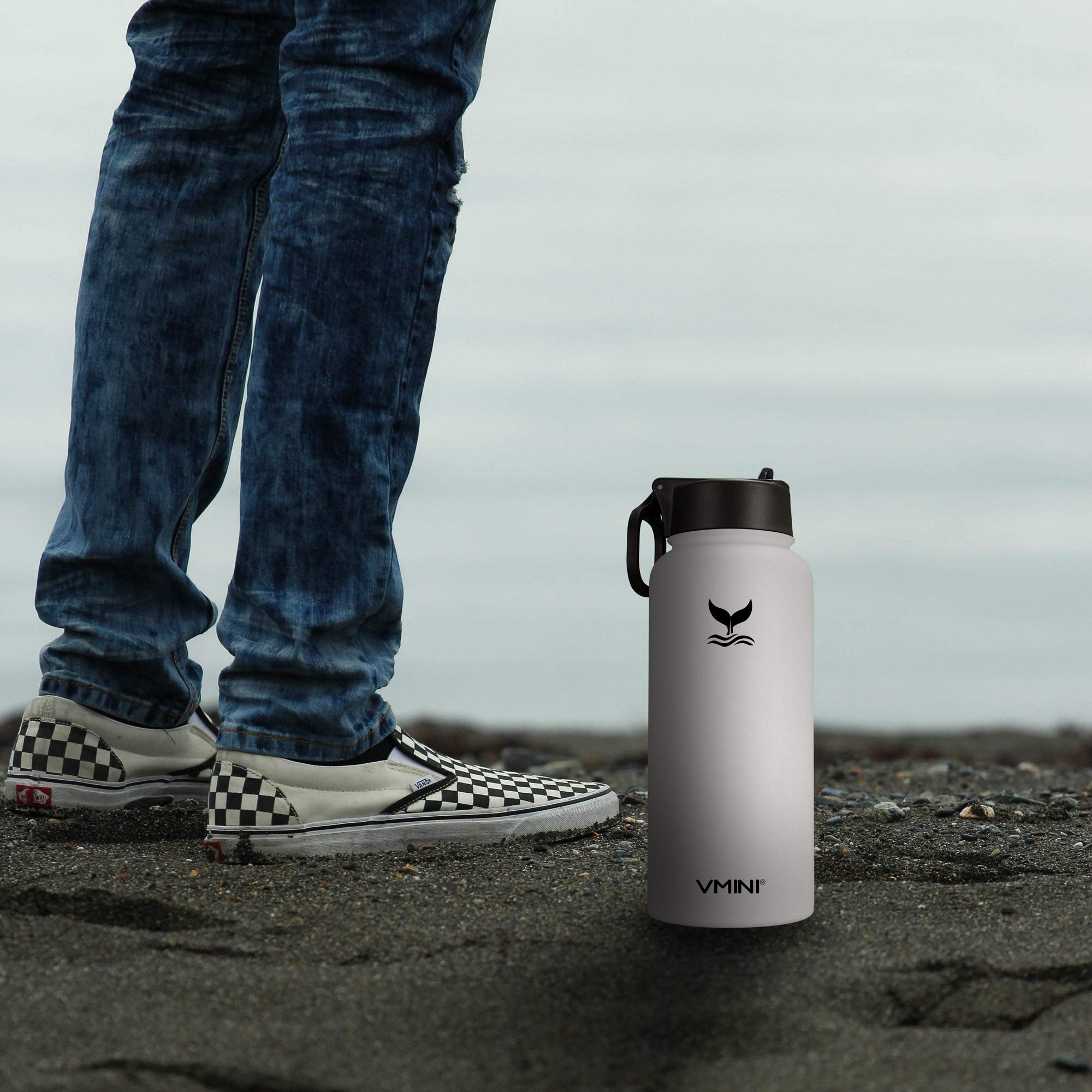 Vmini Water Bottle - Wide Mouth, 18/8 Stainless Steel, Double Wall Vacuum Insulated,  Straw Lid