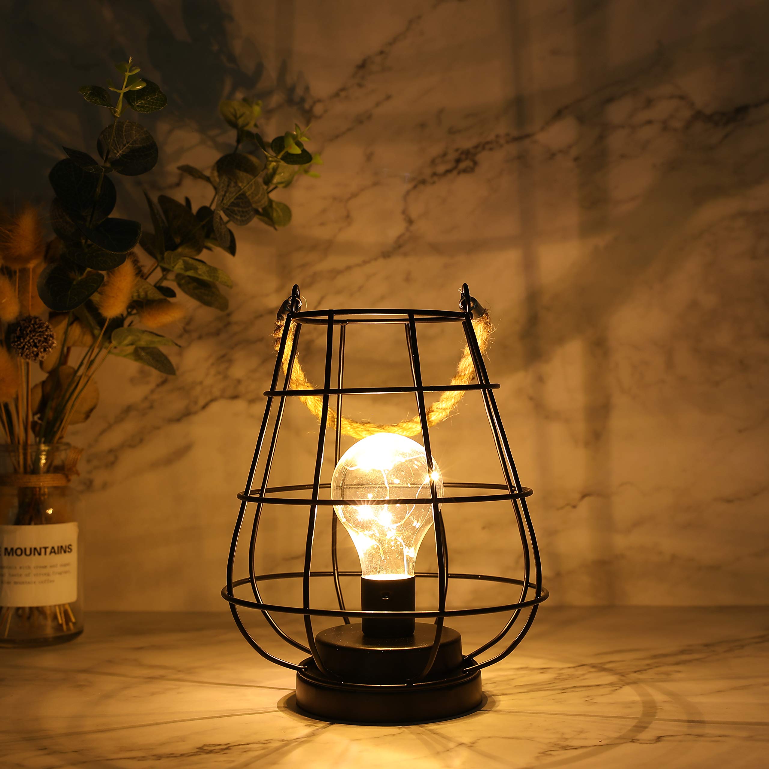 Jhy Design 8.5" H Cage Bulb Lantern Decorative Table Lamp Battery Powered Cordless Light With Warm White Fairy Lights Led Edison Bulb Lamp For Living Room Bedroom Home Wedding(Black)