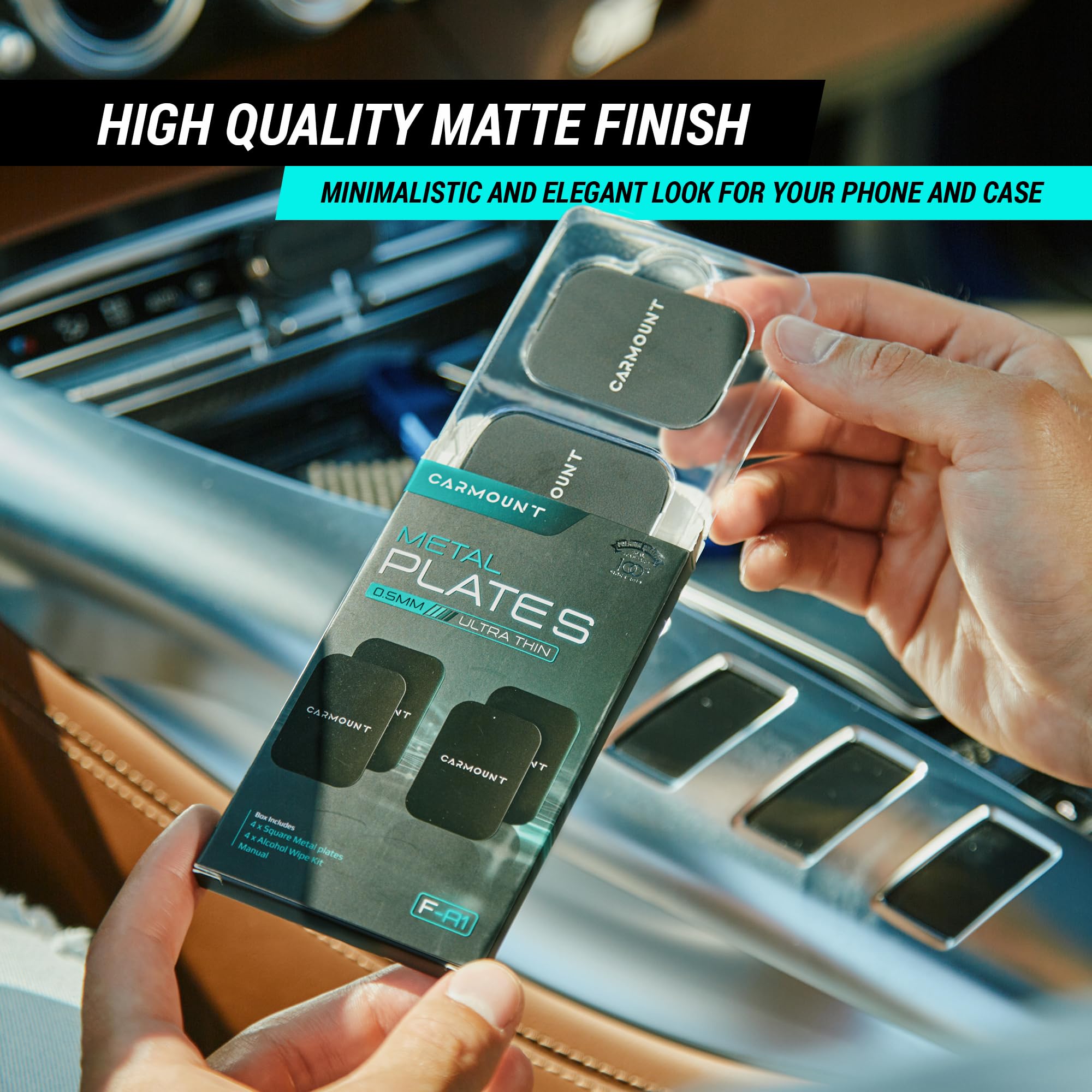 Carmount Universal Metal Plates Kit For Magnetic Phone Mounts  Strong Hold, Ultra-Thin Matte Finish  4 Square Plates With Cleaning Wipe  Wireless Charging Friendly, Easy Setup For All Smartphones