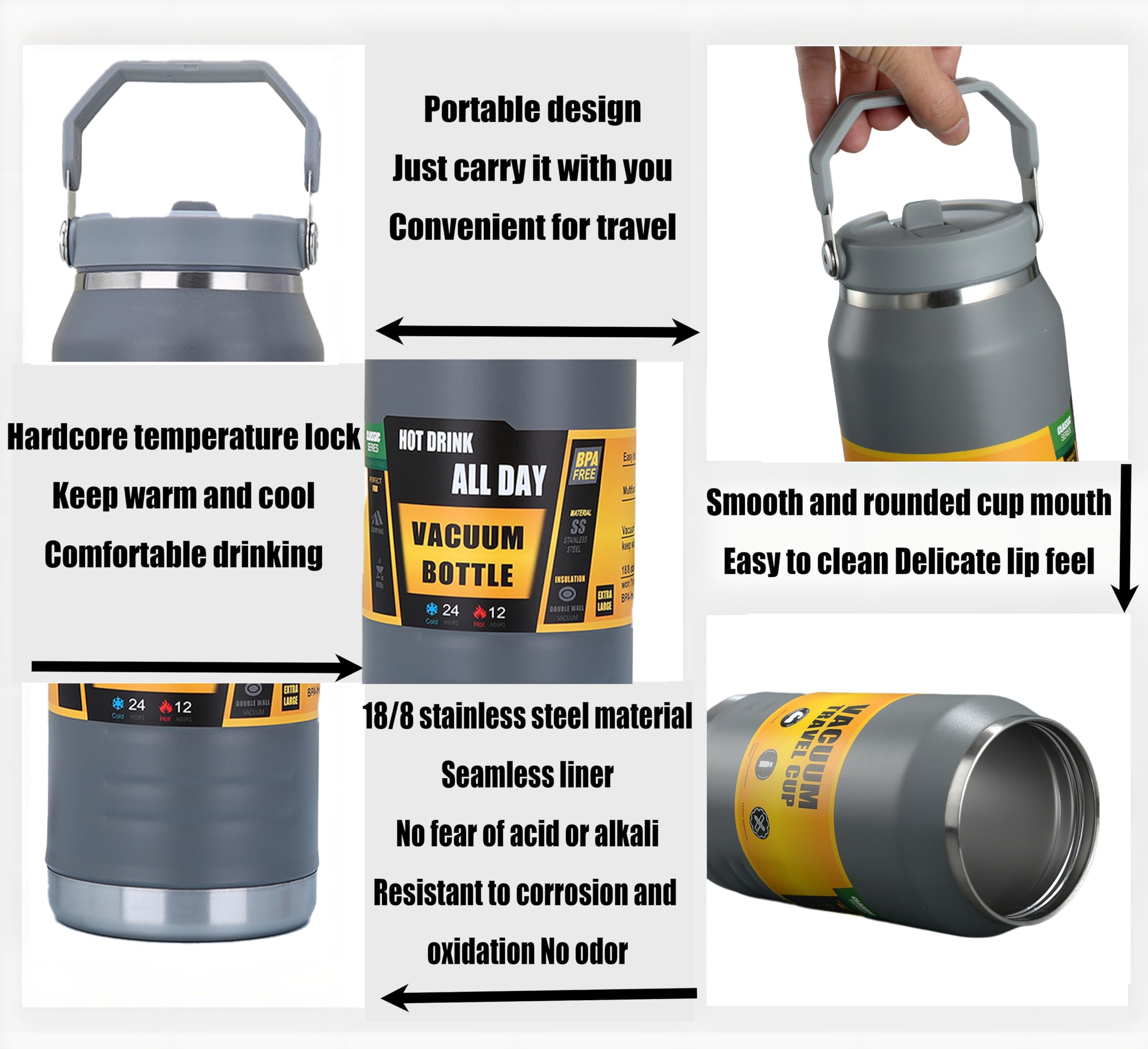 Insulated Stainless Steel Water Bottle With Straw, Double Walled Insulated,Portable Large Capacity
