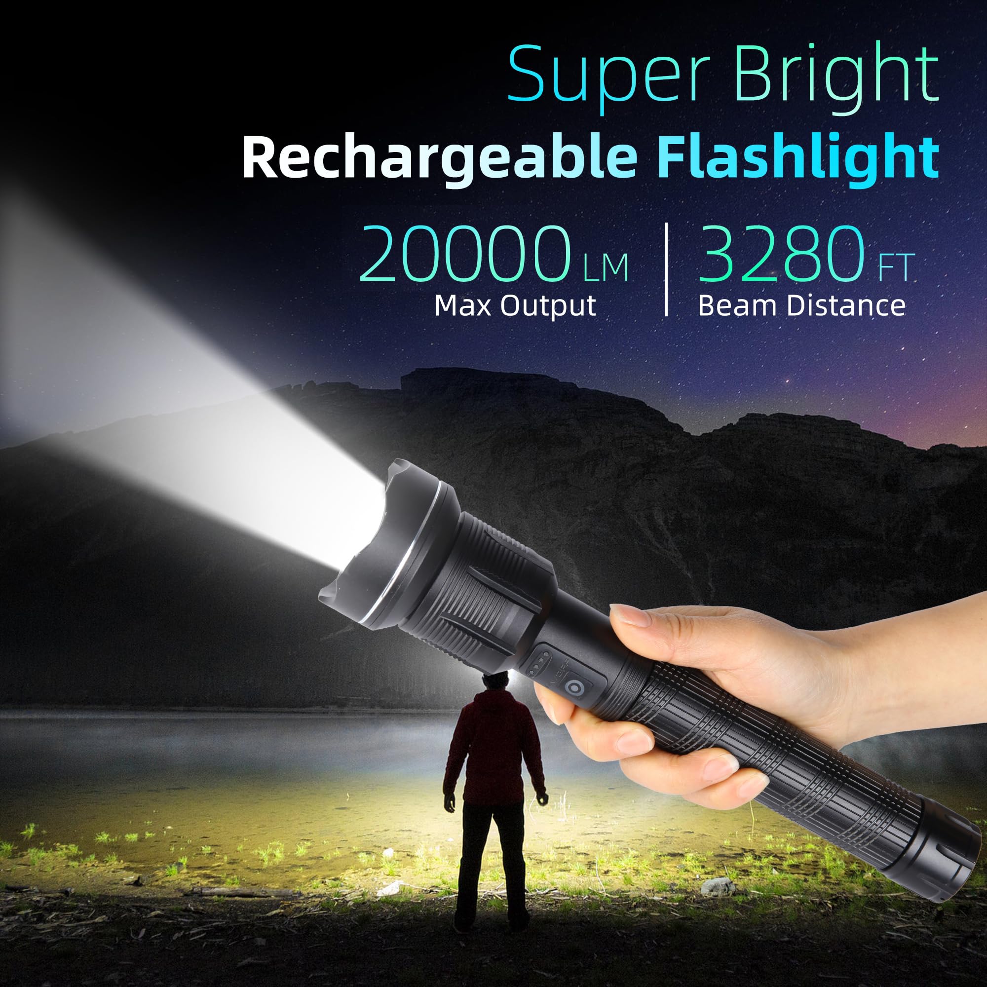 Bonashi Flashlight Rechargeable Flashlight, Super Bright 20000 Lumens, Zoomable, 5 Lighting Modes, Ip65 Waterproof, Handheld Powerful Flashlight For Emergency, Outdoor, Home, Camping, Hiking