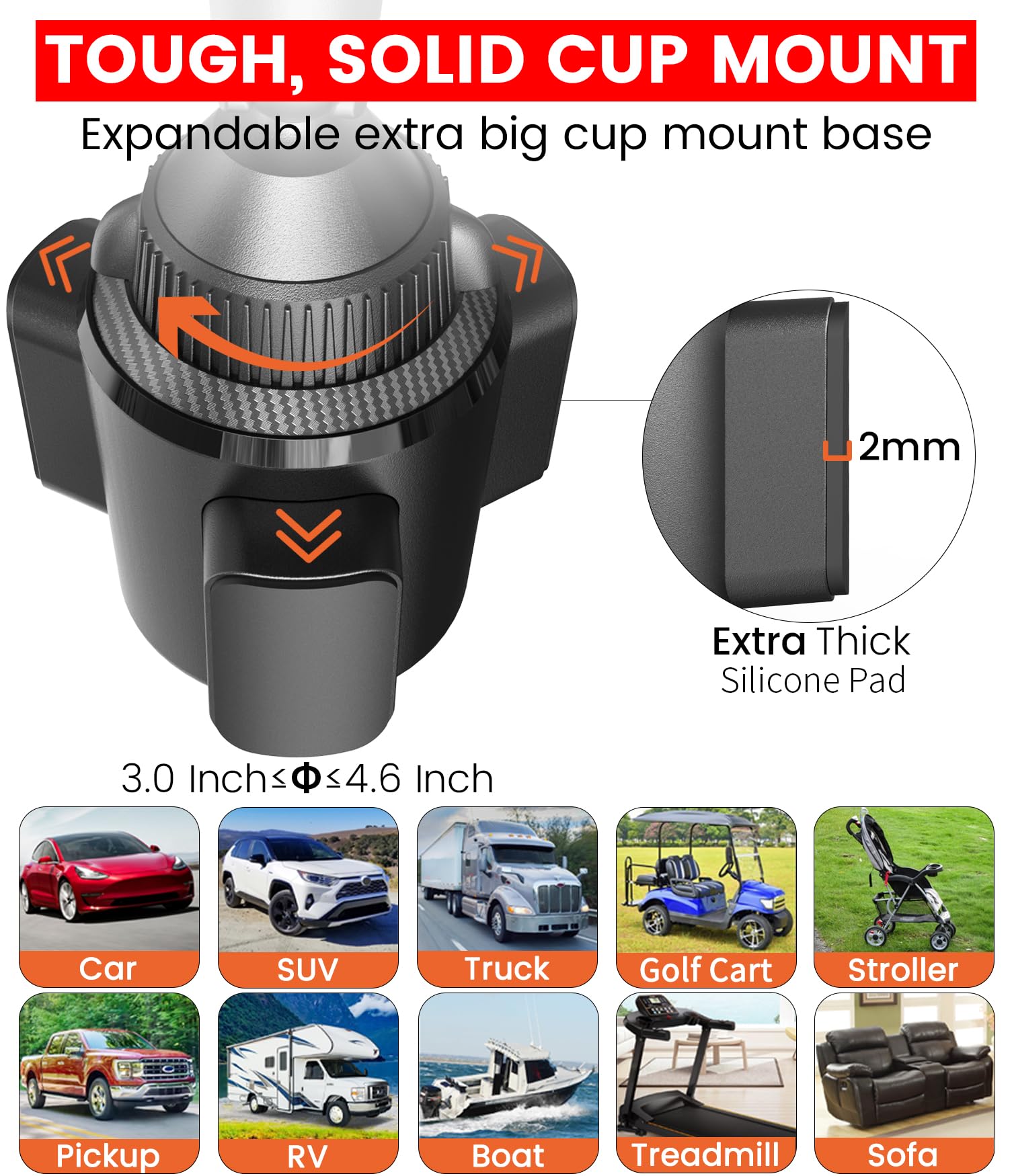 Apps2Car Sturdy Cup Phone Holder Mount For Car, Adjustable Height & Reach, Flexible Long Arm With Multi-Ball Pivot, One-Hand Operation, Compatible With Iphone Samsung Android Smartphones