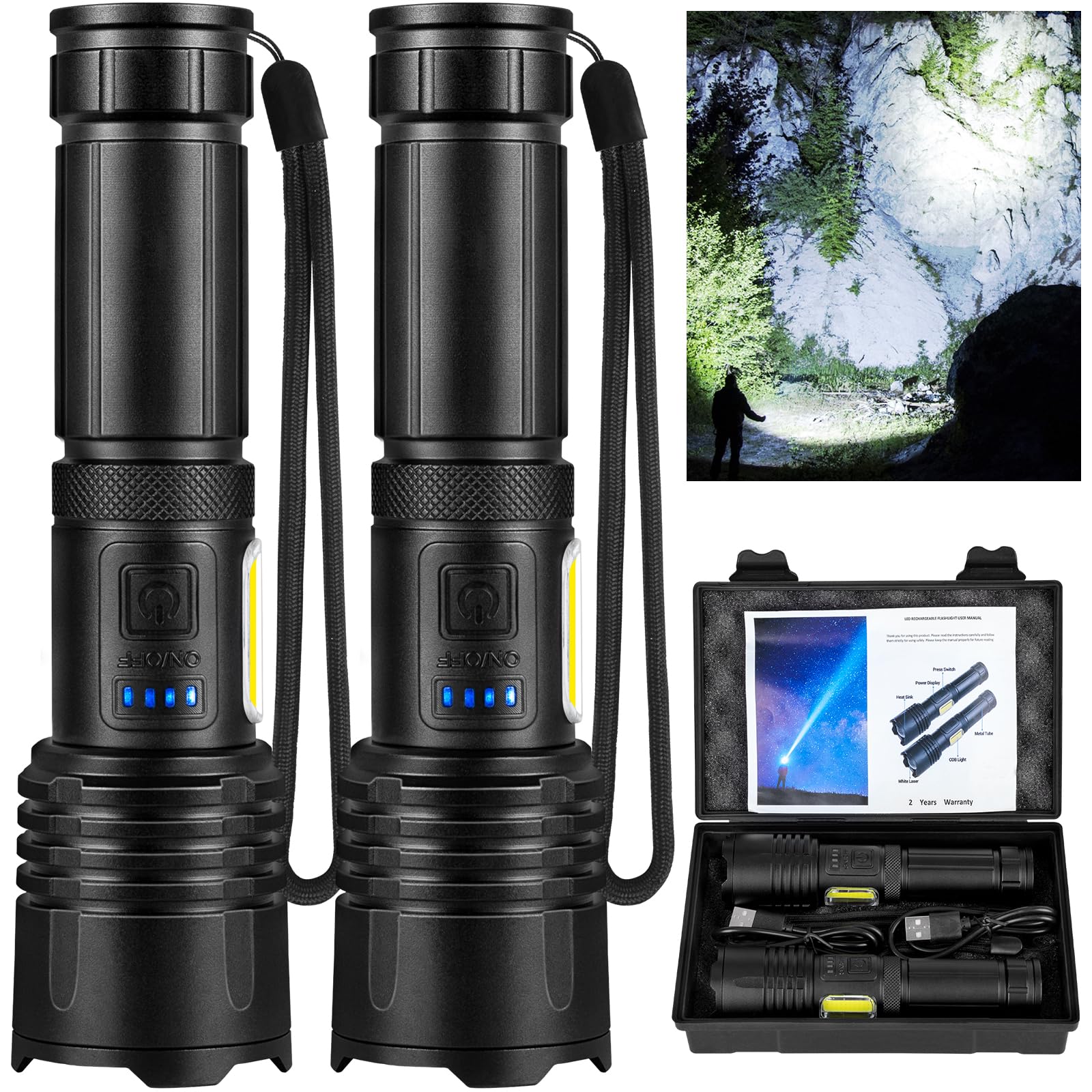 Gisaev Rechargeable 990,000 High Lumens Flashlights, 2 Pack Super Bright Led Flash Light With Cob, 7 Modes Waterproof Powerful Flashlight For Home