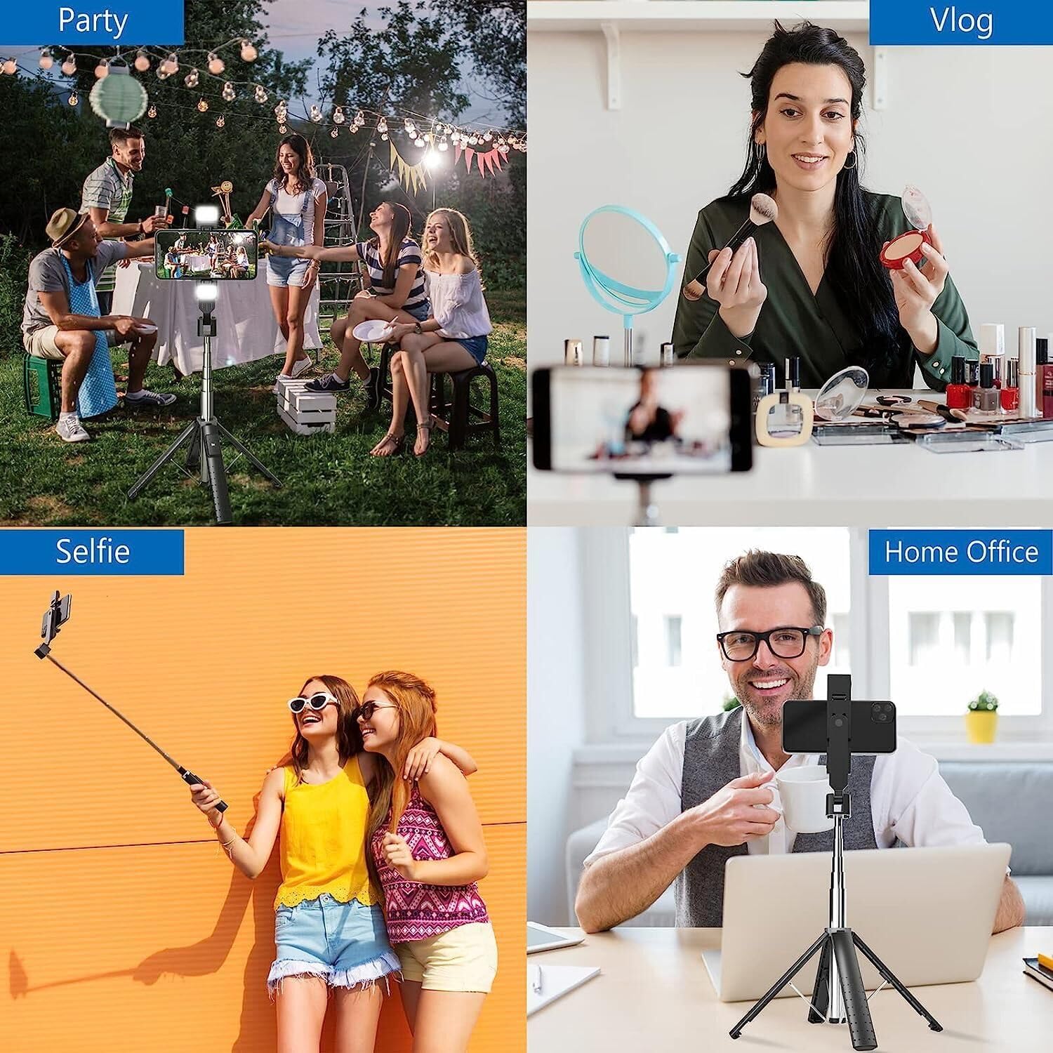 Sanyaa 41” Selfie Stick Tripod Quadrapod With 2 Rechargeable Fill Light, Extendable Tripod With Bluetooth Remote, Stainless Steel, 3 Light Modes, 9 Brightness Levels, Compatible For All Iphone & Android