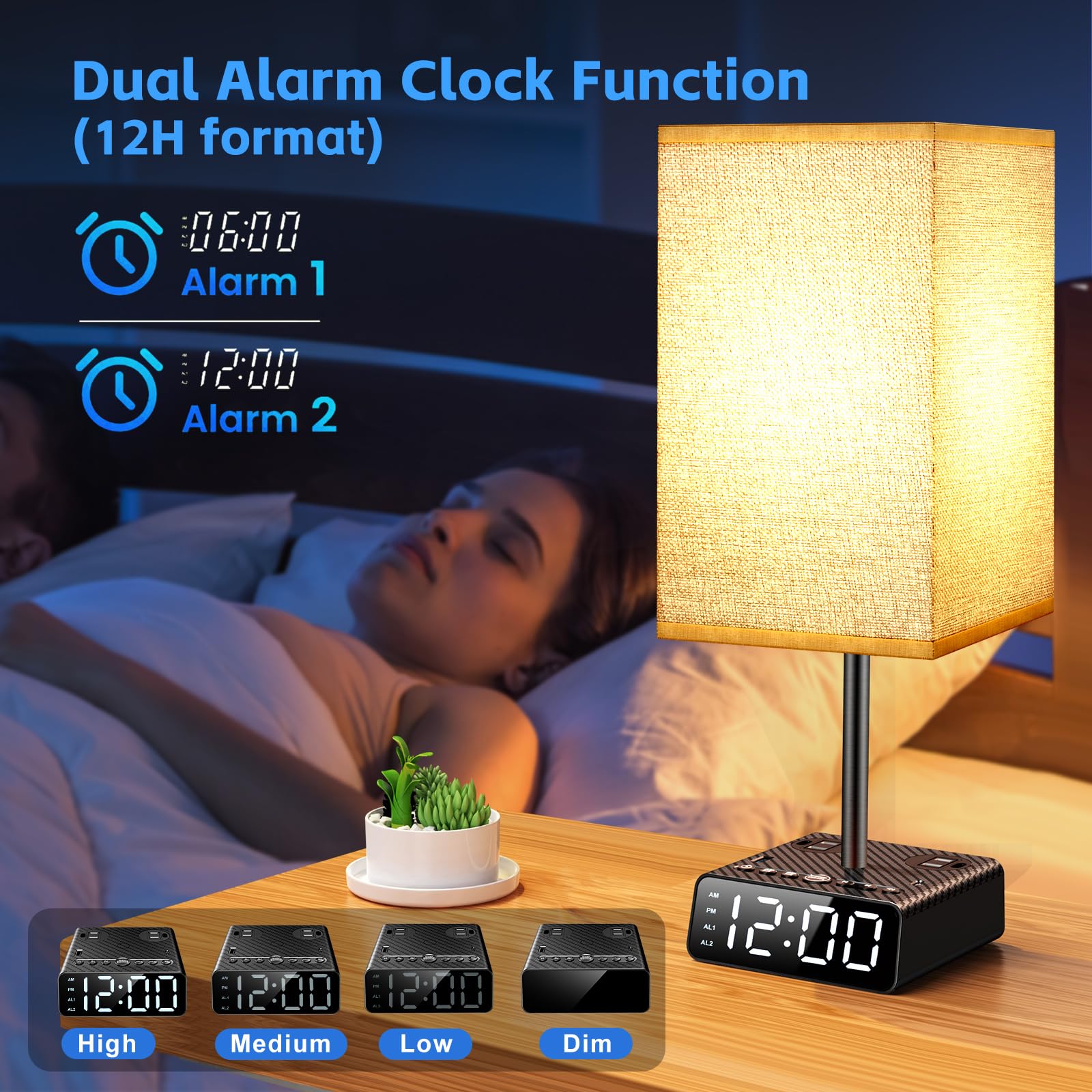 Btu Bedside Table Lamp With Alarm Clock - 3 Color Temperatures Bedside Lamps With Usb C And A Ports,Table Lamps With Ac Outlet, Nightstand Lamps For Kids Room, Living Room, College Dorm, Home, Office