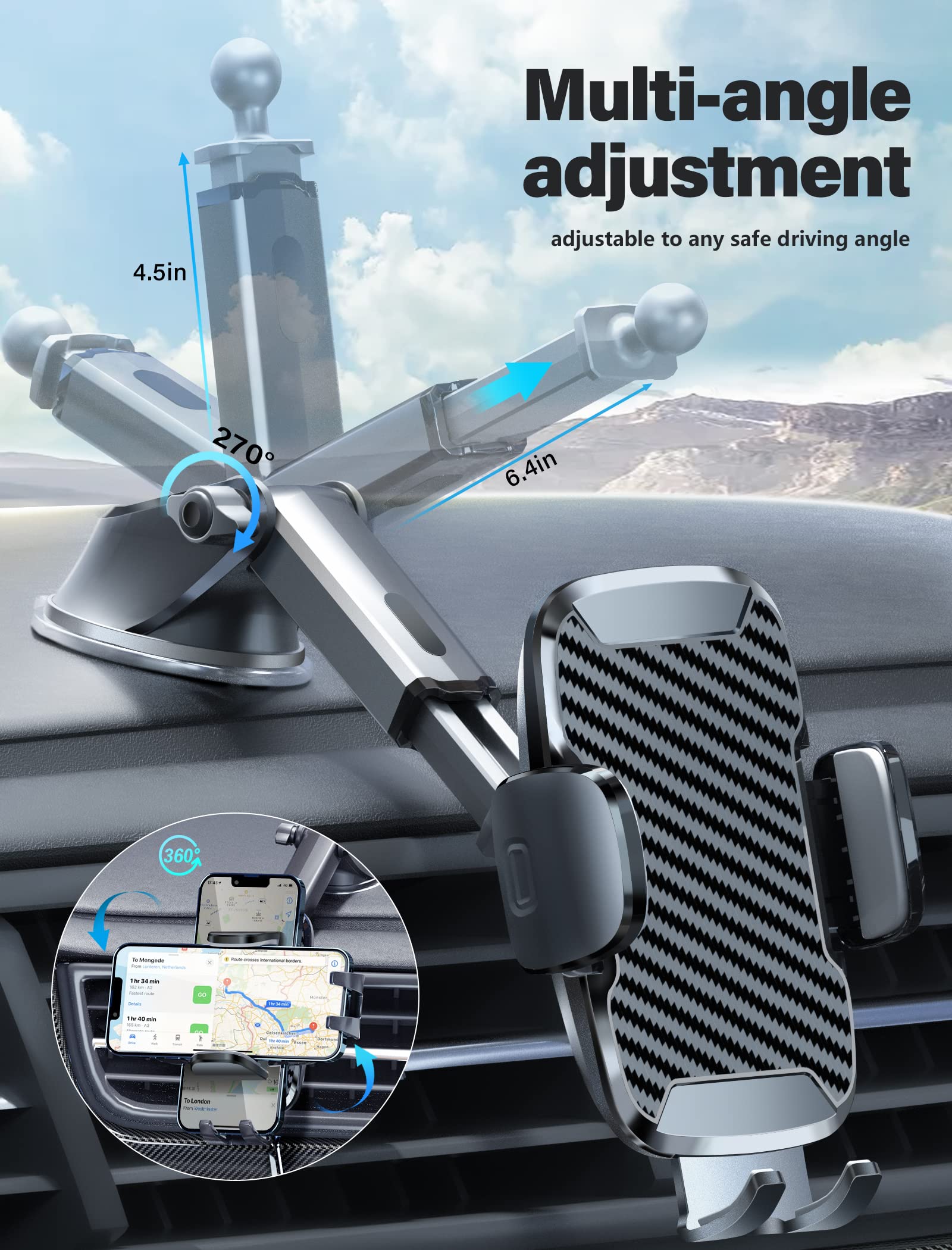 Tsryrlr Phone Holder Mount For Car [Strong Suction] Hands- Universal Cell Phone Mounts For Dashboard/Windshield, 360° Rotation Extendable Mobile Car Holder For Smartphones