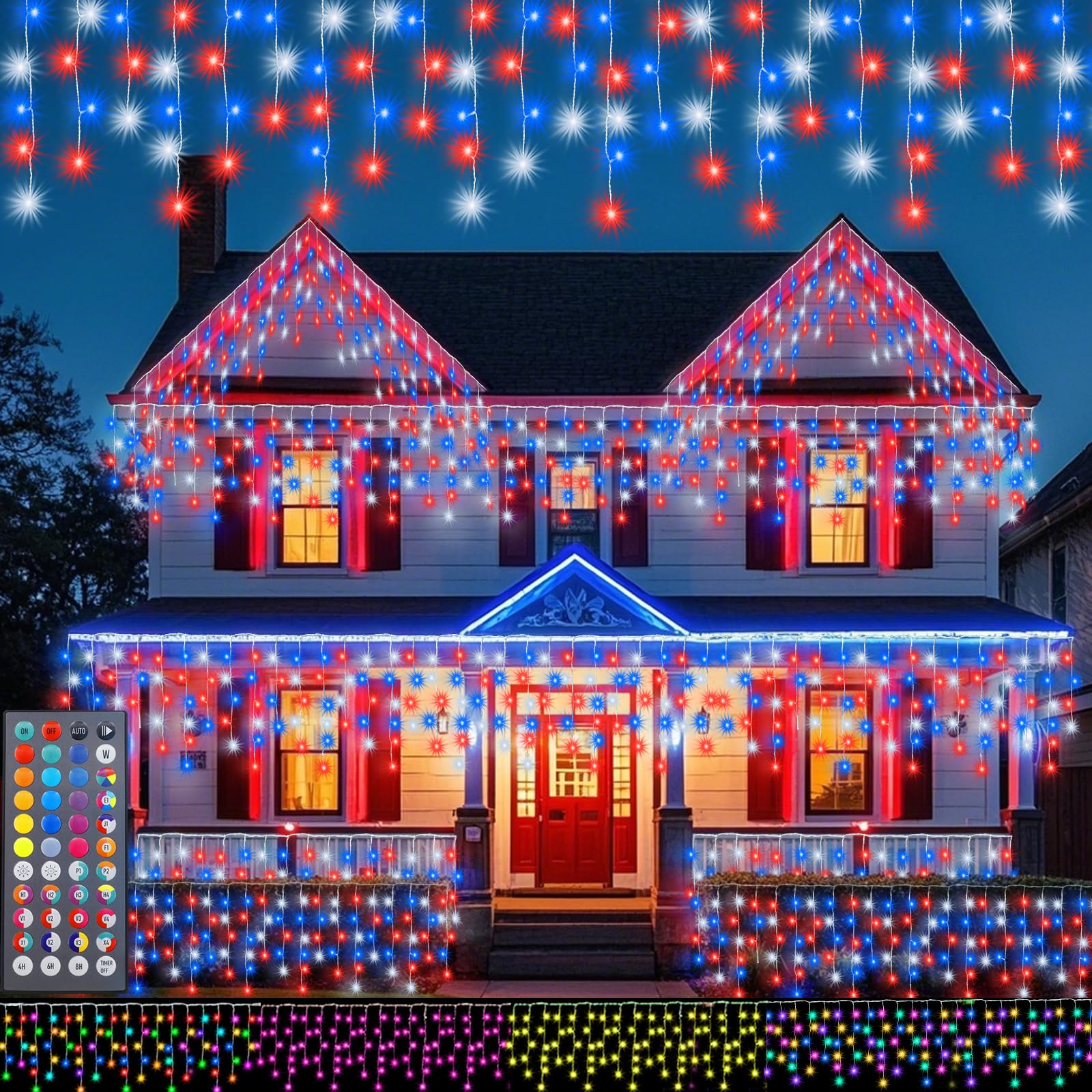 Pooqla Color Changing Icicle Lights With Remote, 34 Colors 4Th Of July Outdoor Decoration, 165 Led 15.7 Ft Rgb Waterproof Hanging String Lights For Roof Window Home Party Christmas Memorial Day Decor