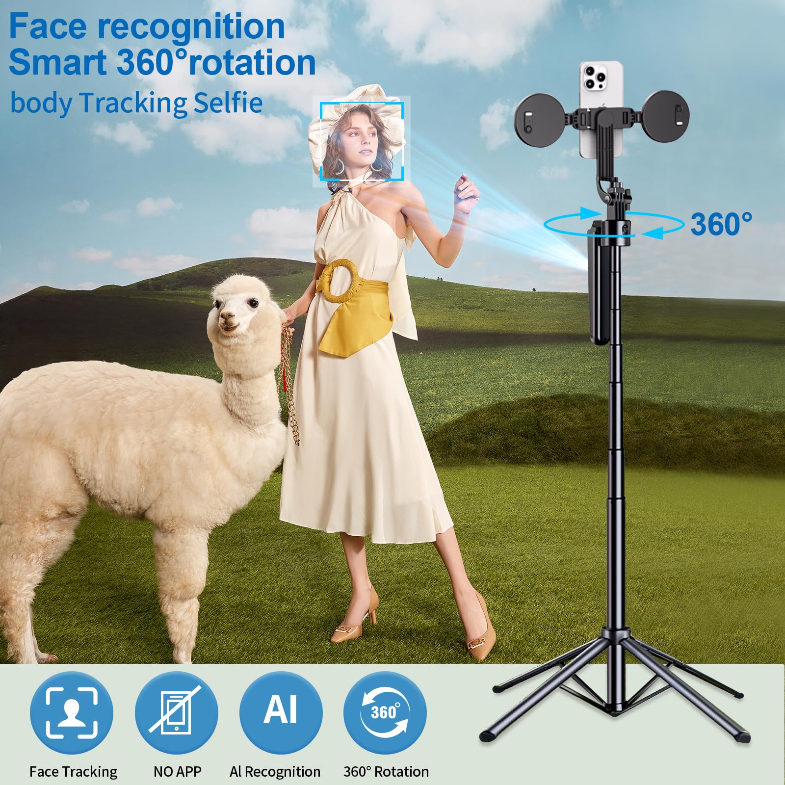 Coasd Extendable Auto Face Tracking Tripod 360° Rotation With Light, No App, 70.8" Motion Sensor Phone Tripod Stand, Phone Gopro Mount Gesture Control For Vlog/Live Stream/Video Recording