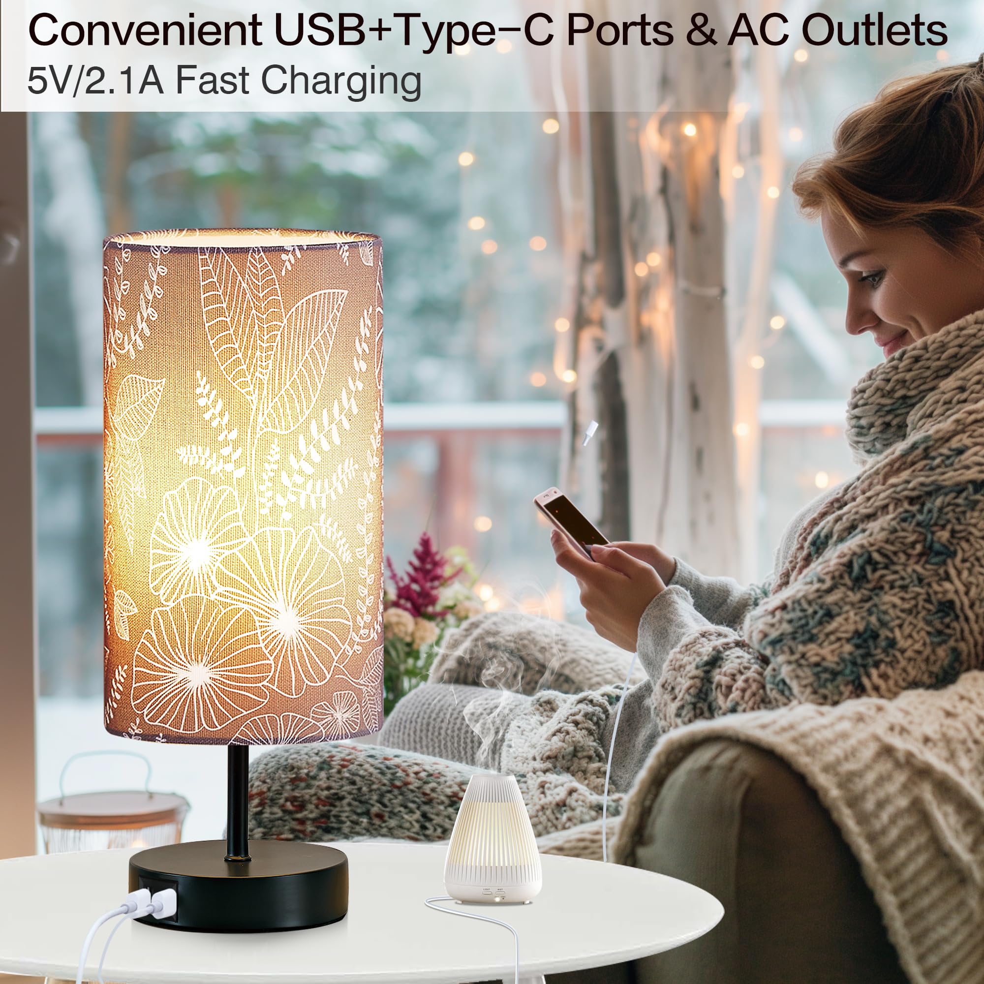 Lolikit Bedside Table Lamp With 2 Usb Ports, Modern Touch Control Desk Lamp With Round Flower Flaxen Fabric Shade, 3 Way Dimmable Small Nightstand Lamp For Bedrooms Living Room Dorm Gray Decor(Bulb Included)