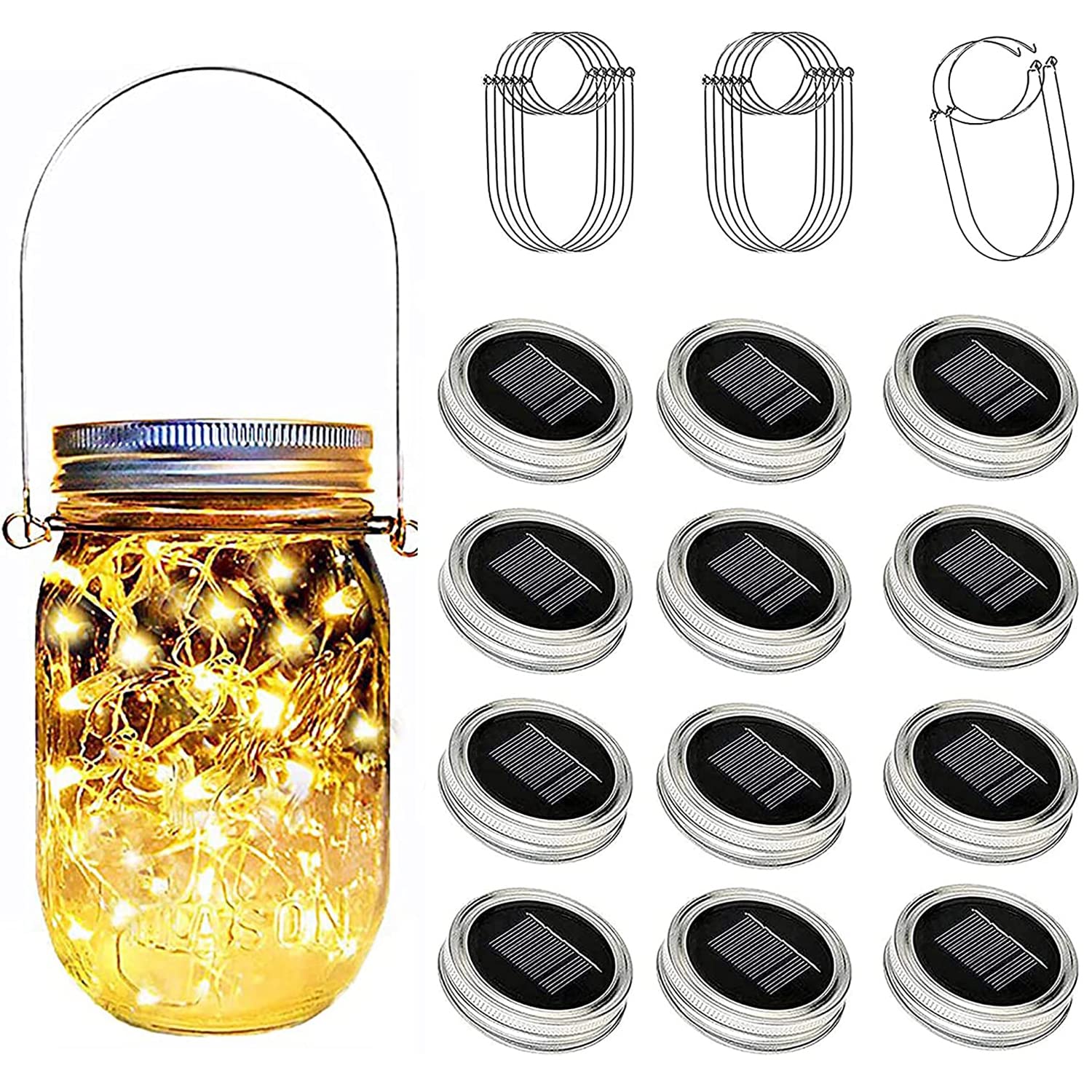 Ostritec Solar Mason Jar Lights Lids, 12 Pack 30 Led Fairy Lights(Jars Not Included), Outdoor Hanging Mason Jar Solar Lights, Fairy In A Jar Firefly Lights For Patio Garden Table Decor 