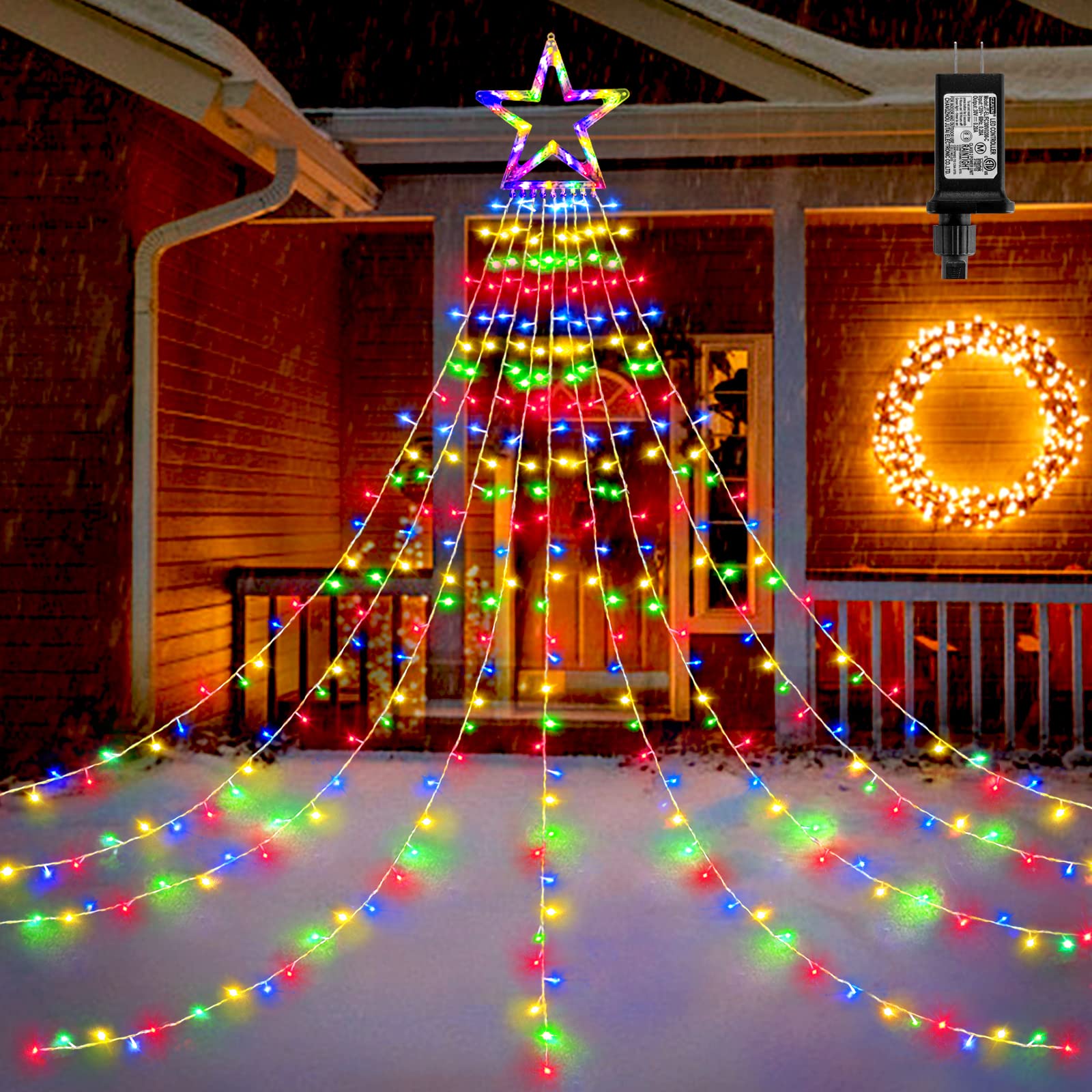 Blctec Outdoor Christmas Decorations, 317 Leds Christmas Lights With 9 Strands 11.9Ft Waterfall Christmas Tree Lights, 8 Modes, Waterproof, Topper Star & Timer For Yard Patio Xmas Decor, Multicolor