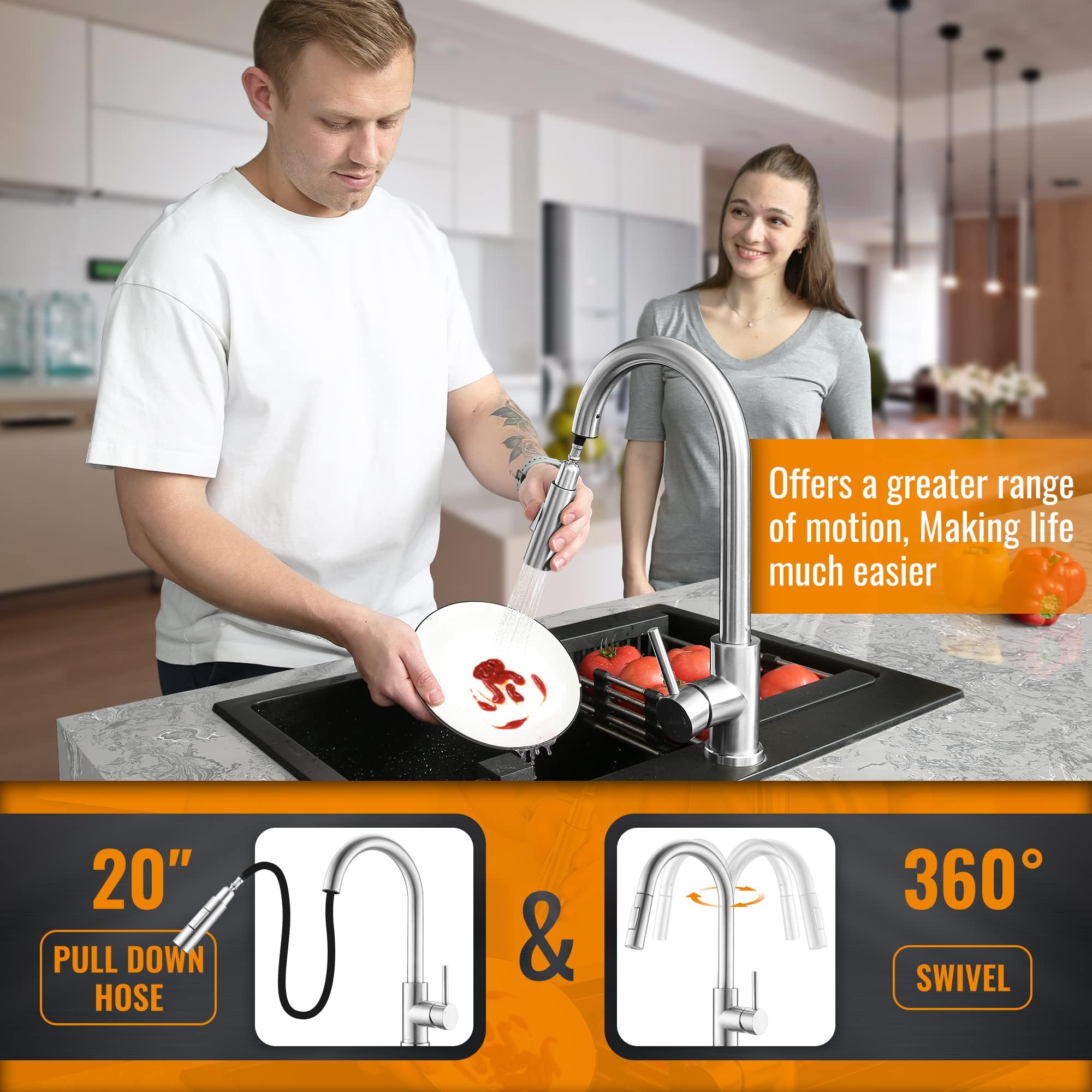 Appaso Kitchen Faucet With Pull Down Sprayer Brushed Nickel, Single-Handle High Arc Swan-Neck Modern Kitchen Sink Faucet With Optional Deck Plate Stainless Steel, Silver