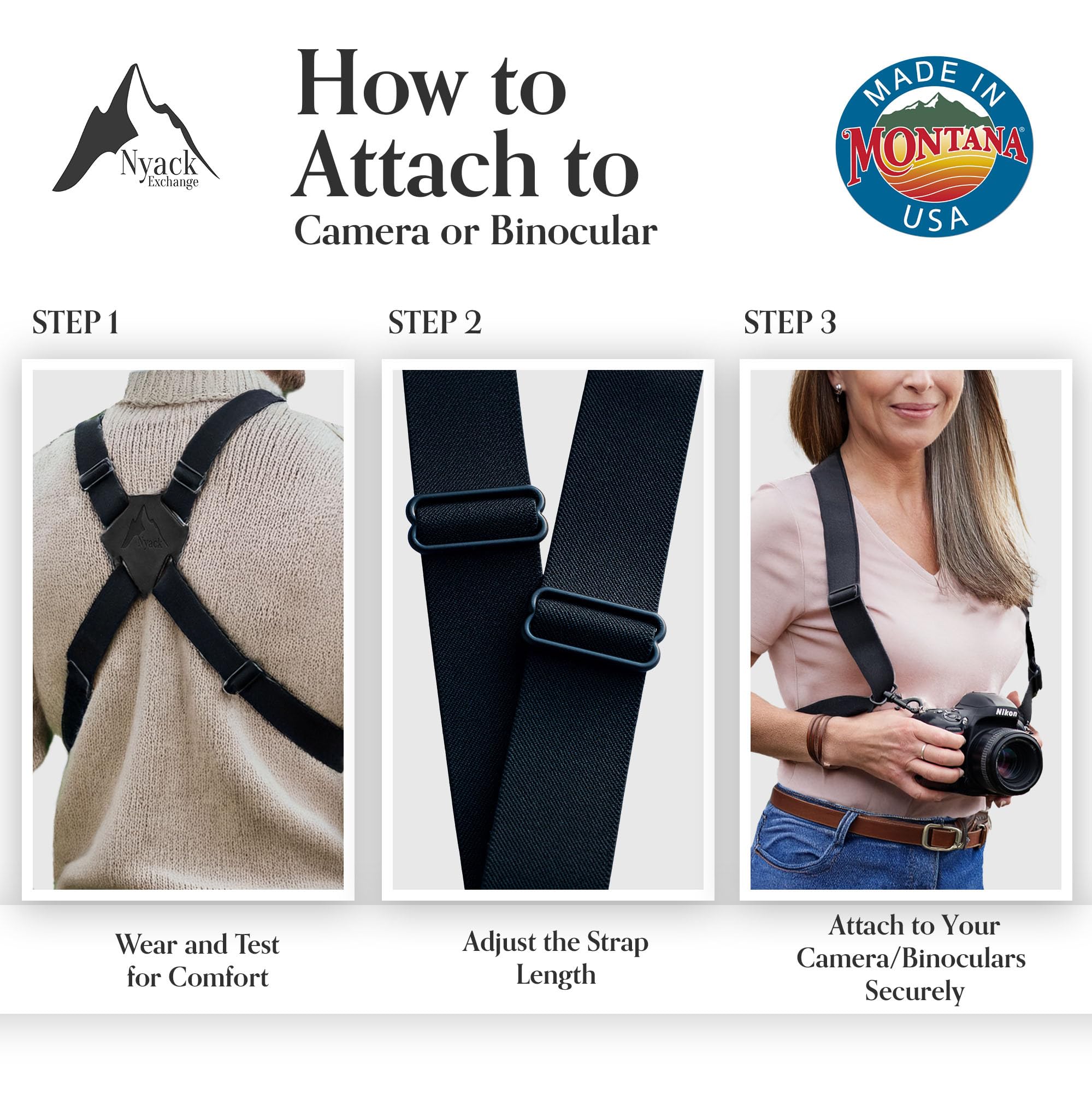 Nyack Exchange Camera And Binocular Harness  Usa Made, Quick Release, Adjustable Straps For Hiking, Birding, Hunting