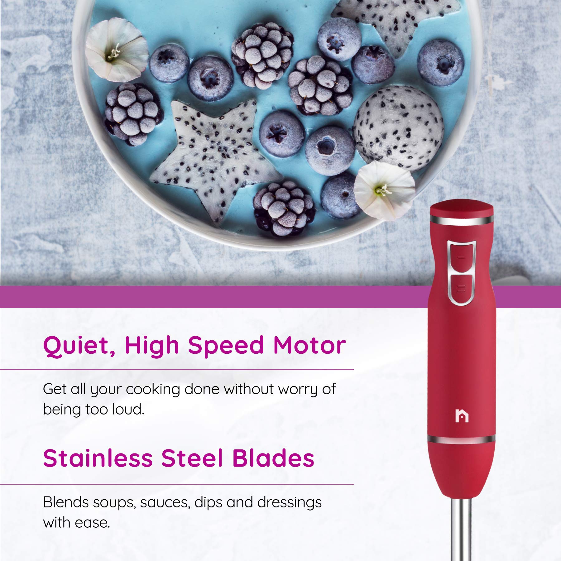 Immersion Hand Blender 2 Speed Stick Mixer With Stainless Steel Shaft & Blade 300 Watts Easily Food, Mixes Sauces, Purees Soups, Smoothies, And Dips, Red