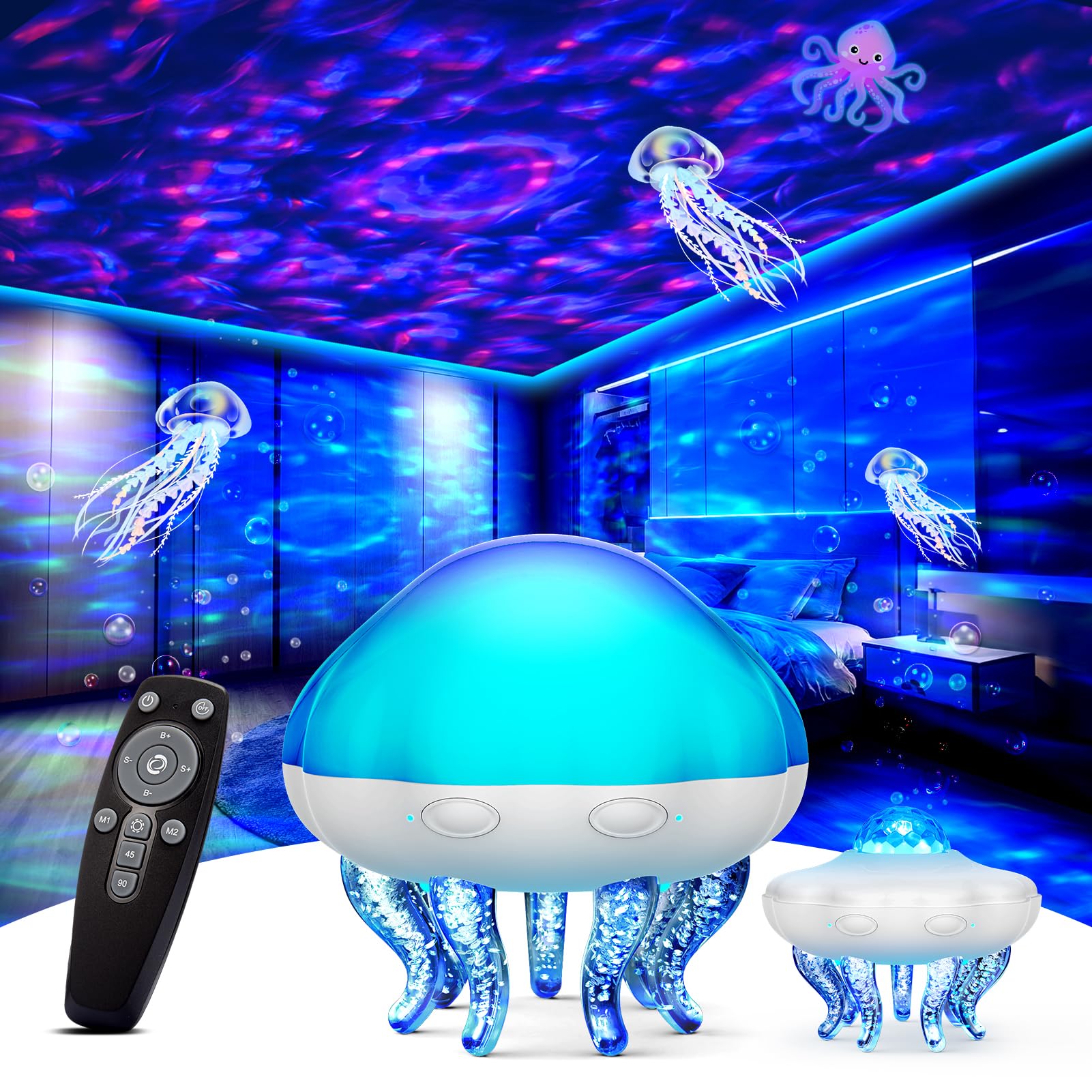 Ackarido 【2 In1】Jellyfish Galaxy Light Projector For Bedroom Decor, Night Light For Kids Room Decor, Star Projector,Cute Lamp, Remote Control & Timer,Ceiling Night Light Projector For Birthday Christmas 