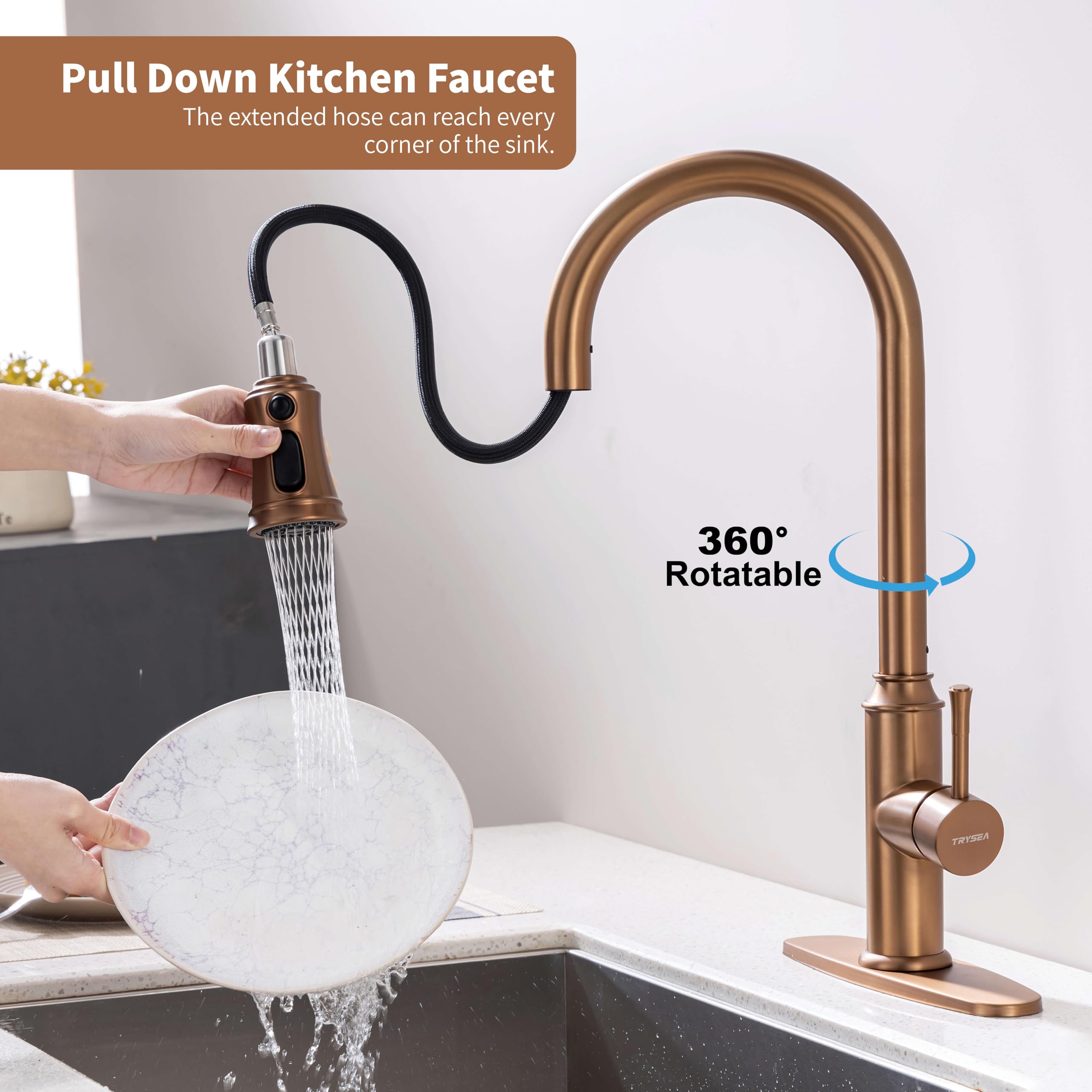 Trysea Rose Gold Kitchen Faucet With Pull Down Sprayer,Stainless Steel Gold Kitchen Faucet With Sprayer,High Arc Gold Faucets With Deck Plate For 1 Hole & 3 Holes Kitchen Sink