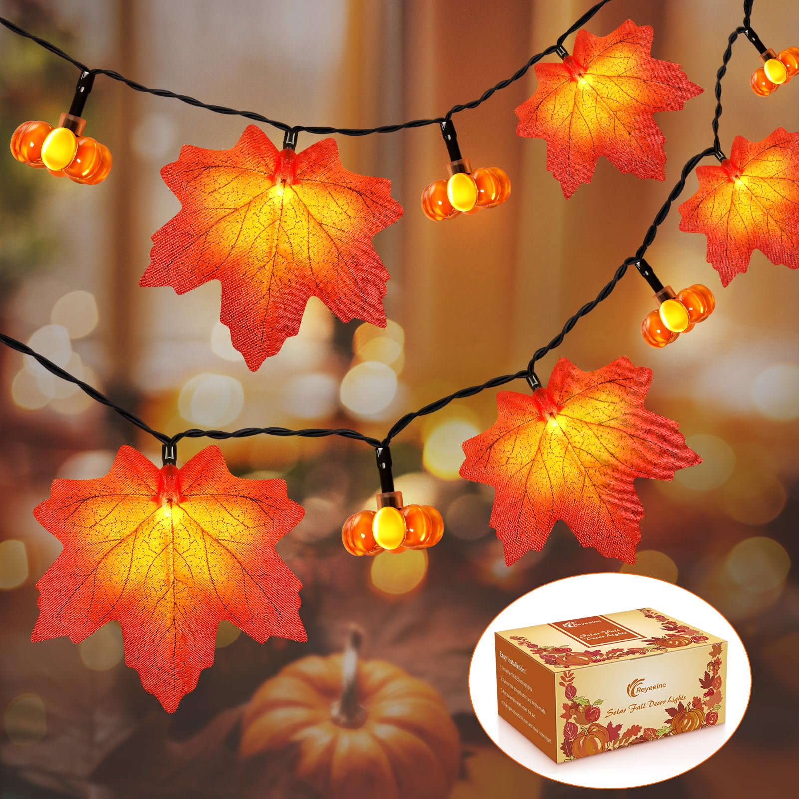 Reyeeinc Fall Solar Lights Outdoor Decorative, 39Ft 100 Leds And 8 Modes Solar Lights Thanksgiving Decorations Outdoor Maple Pumpkin String Garland For Autumn Outside Garden Harvest Party Halloween Decor