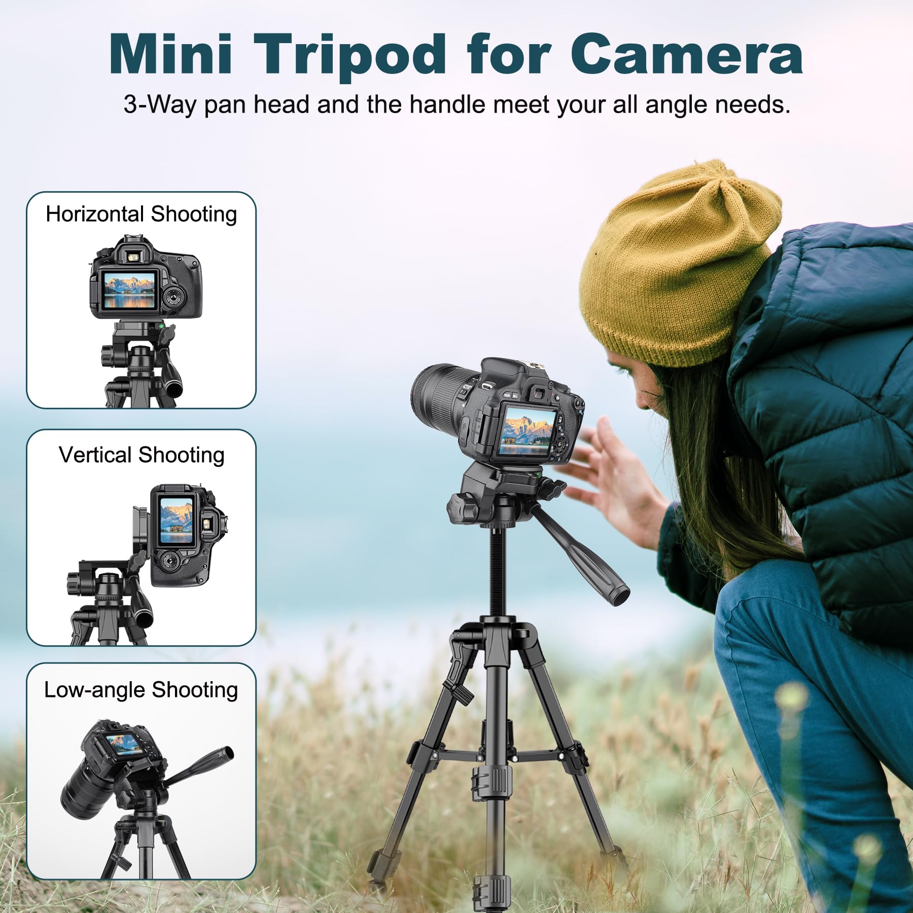 Joilcan Mini Tripod For Camera, 25-Inch Aluminum Tabletop Camera Tripods, Portable Travel Tripod With Tablet/Phone Holder For Dslr Cameras, Phone, Projector, Spotting Scope