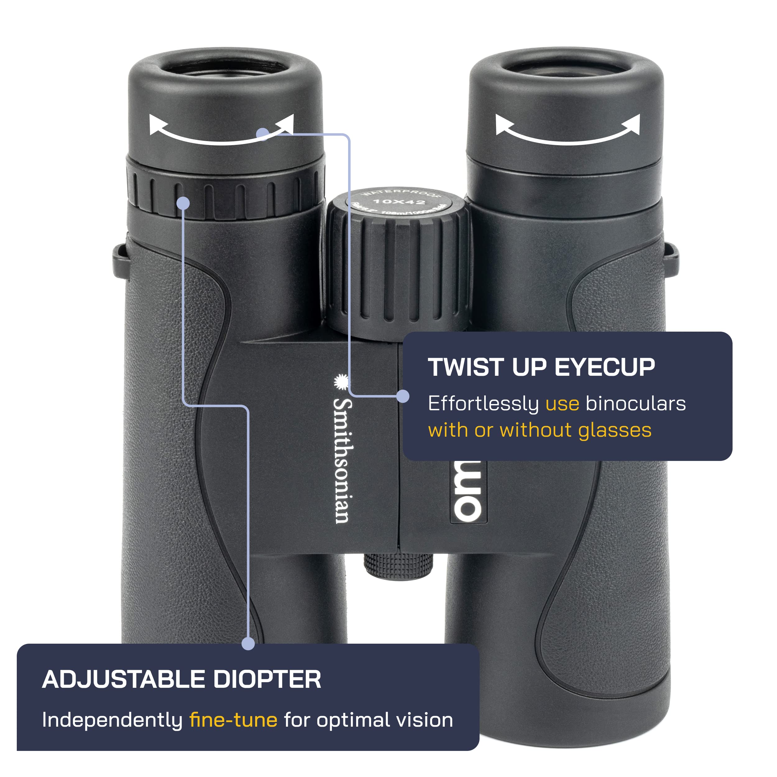 Omano Smithsonian Adult Birding Binoculars - 10X42, Phone Adapter, Diopter Adjustable - Ideal For Hiking, Travel - Includes Bird Watching Guide