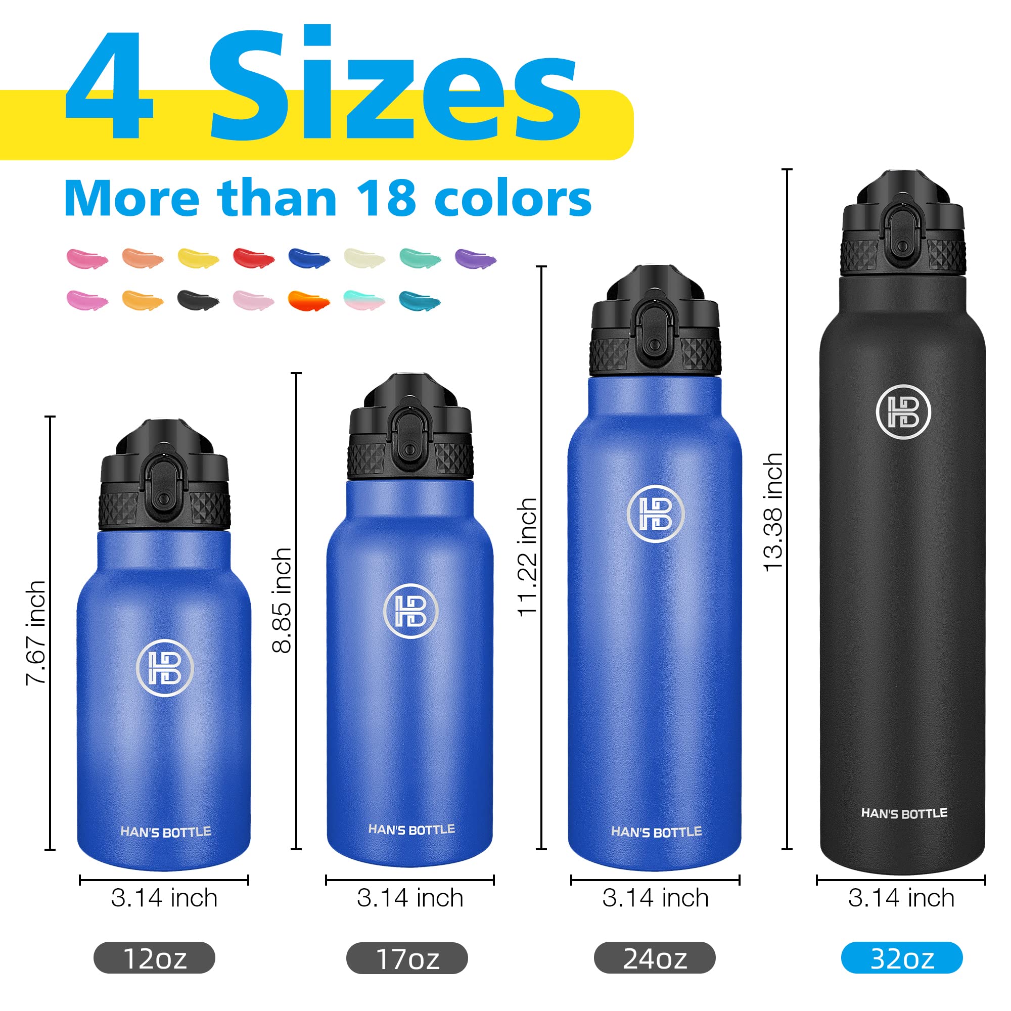 Han'S Bottle Sports Water Bottle - 32 Oz, Straw Lid, Leak Proof, Vacuum Insulated Stainless Steel