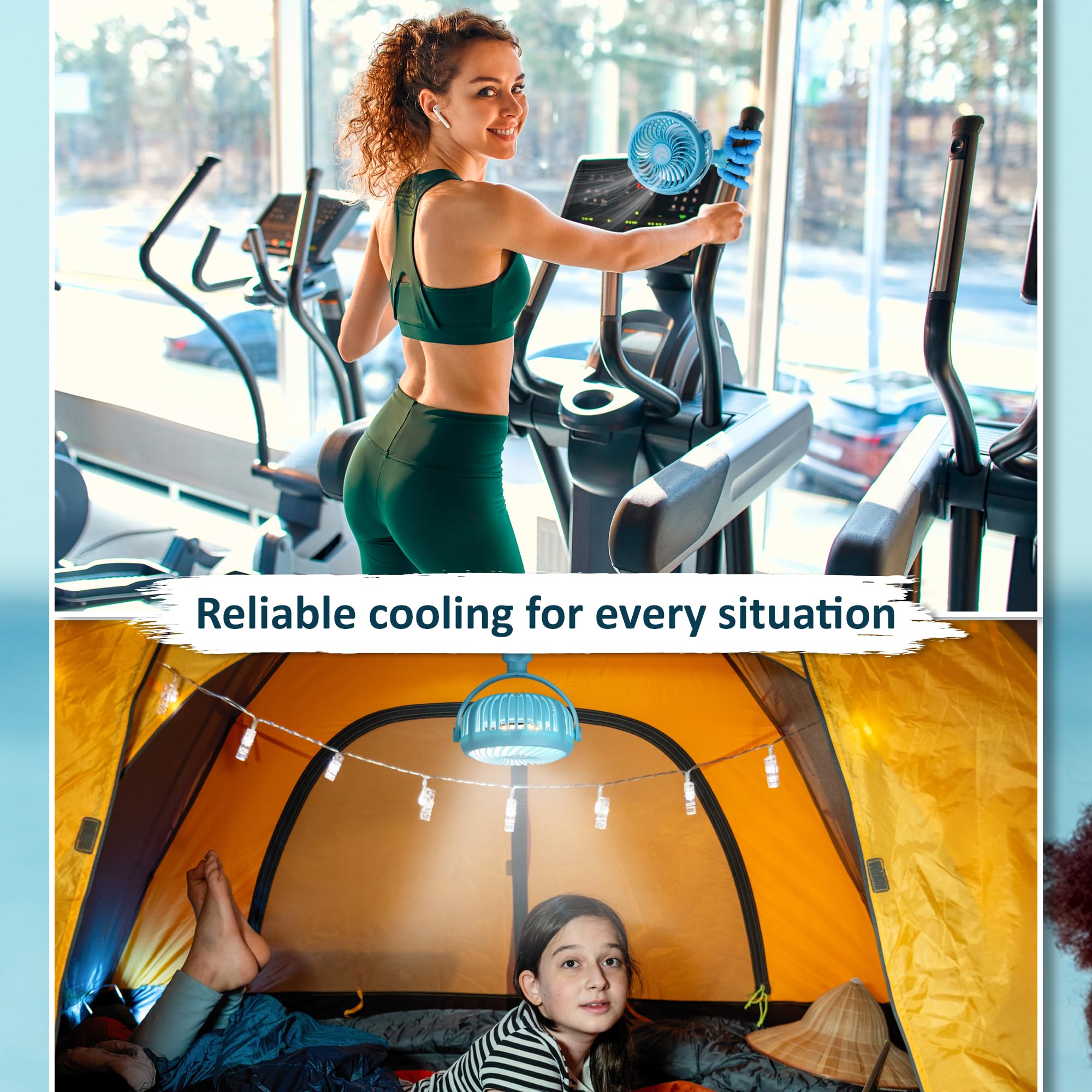 Rechargeable Ayl portable fan with 360° rotation, built-in lights, and battery-operated design for strollers