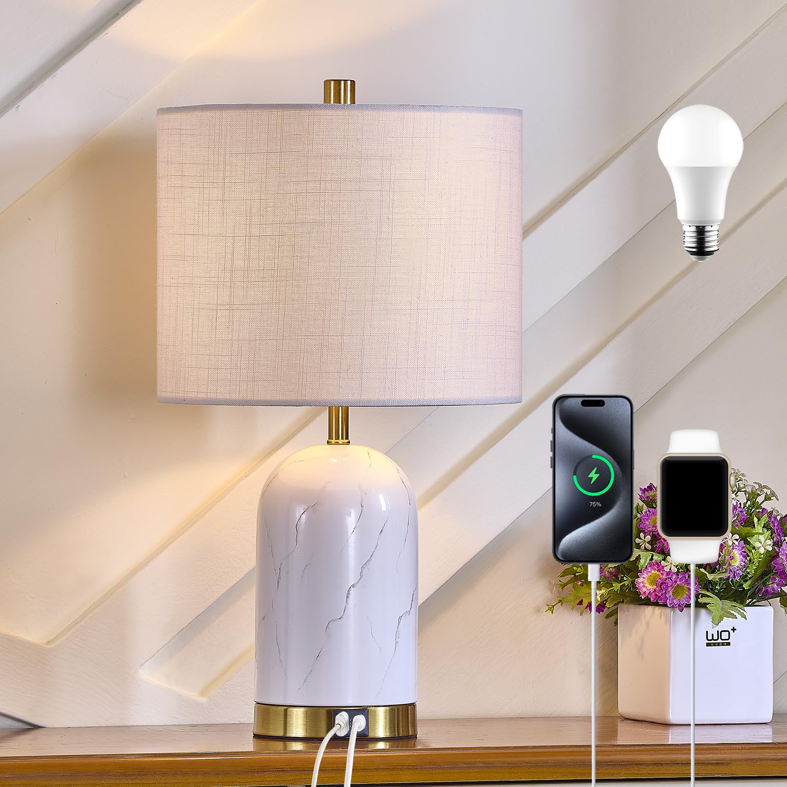 Ltgsrc Table Lamp, 20" Modern Faux Marble Style Lamp For Living Room Bedroom Office, Bedside Night Stand With White Gold Base Linen Shade, Usb C+A Charging Ports, Led Bulb Included