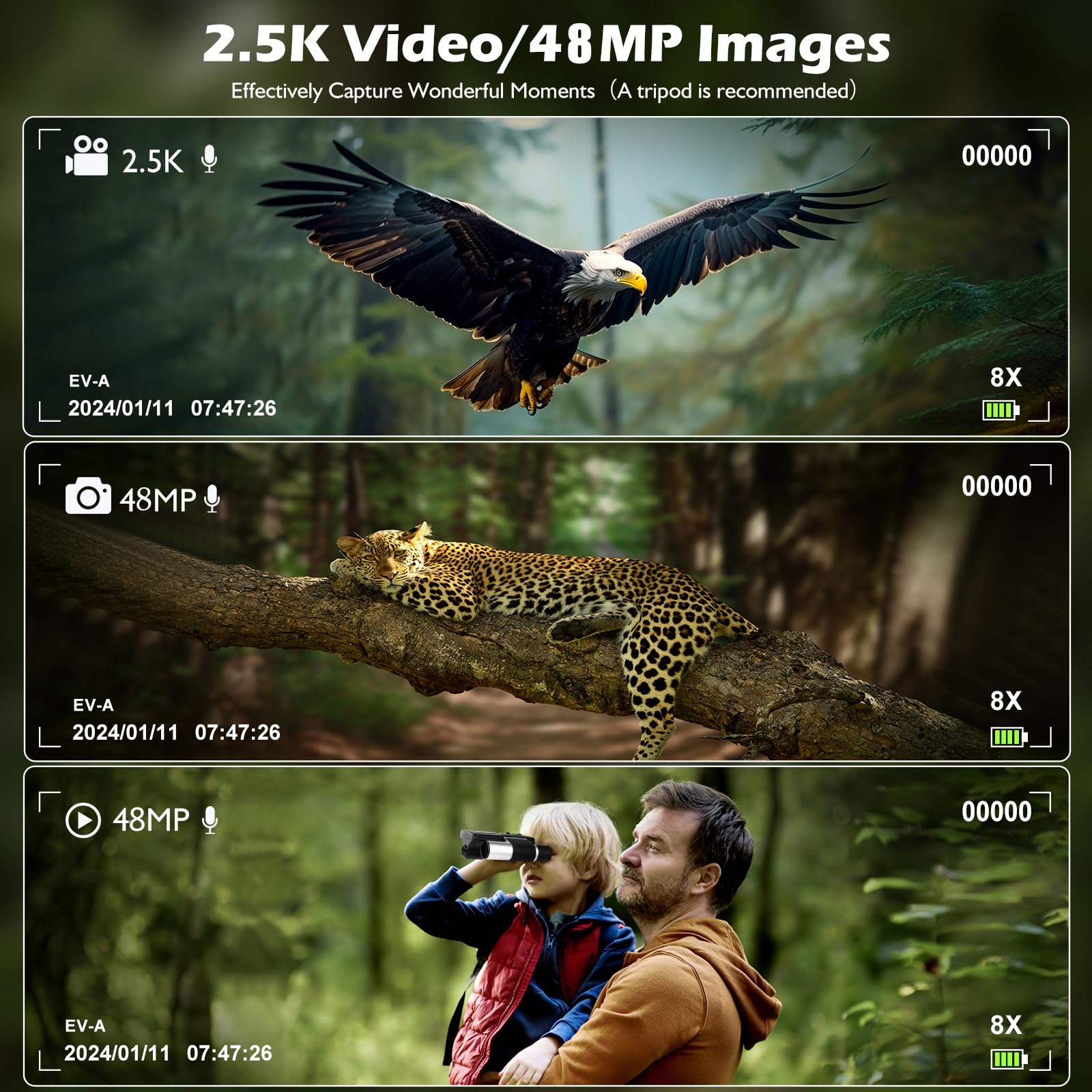 Camonity Digital Binoculars Camera, 2.4" Lcd Display 12X 48Mp Pictures 2.5K Videos Camera With 32Gb Card, Binoculars For Bird Watching Hunting Outdoor Adventures (Dt40)