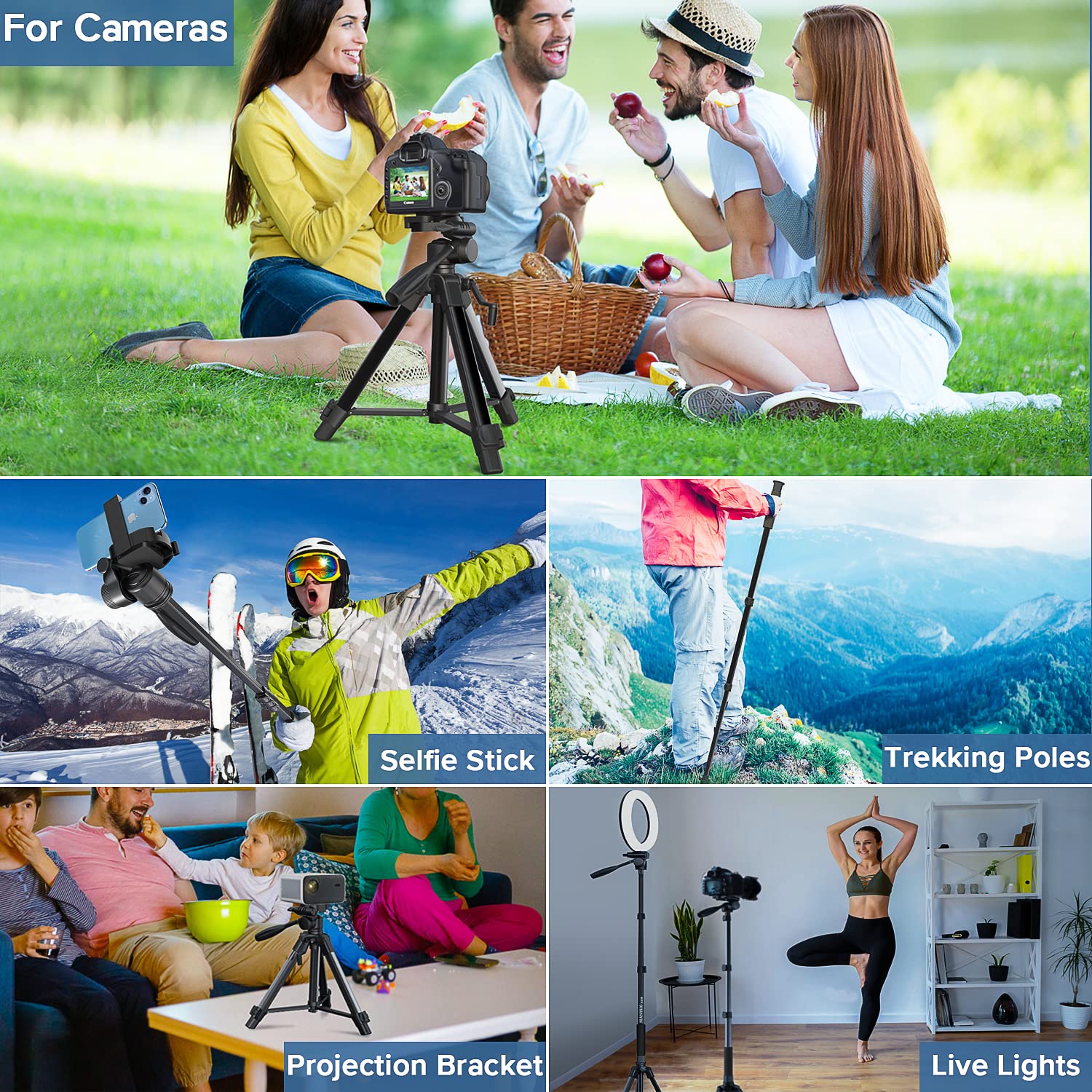 Nianyiso Camera Tripod 69 Inch, Patented 3-Way Swivel Portable Phone Tripod Professional Aluminum Alloy Travel Phone Camera Stand Monopod For Canon Nikon Gopro Dslr, Dv Video Camcorder, Smartphone Black
