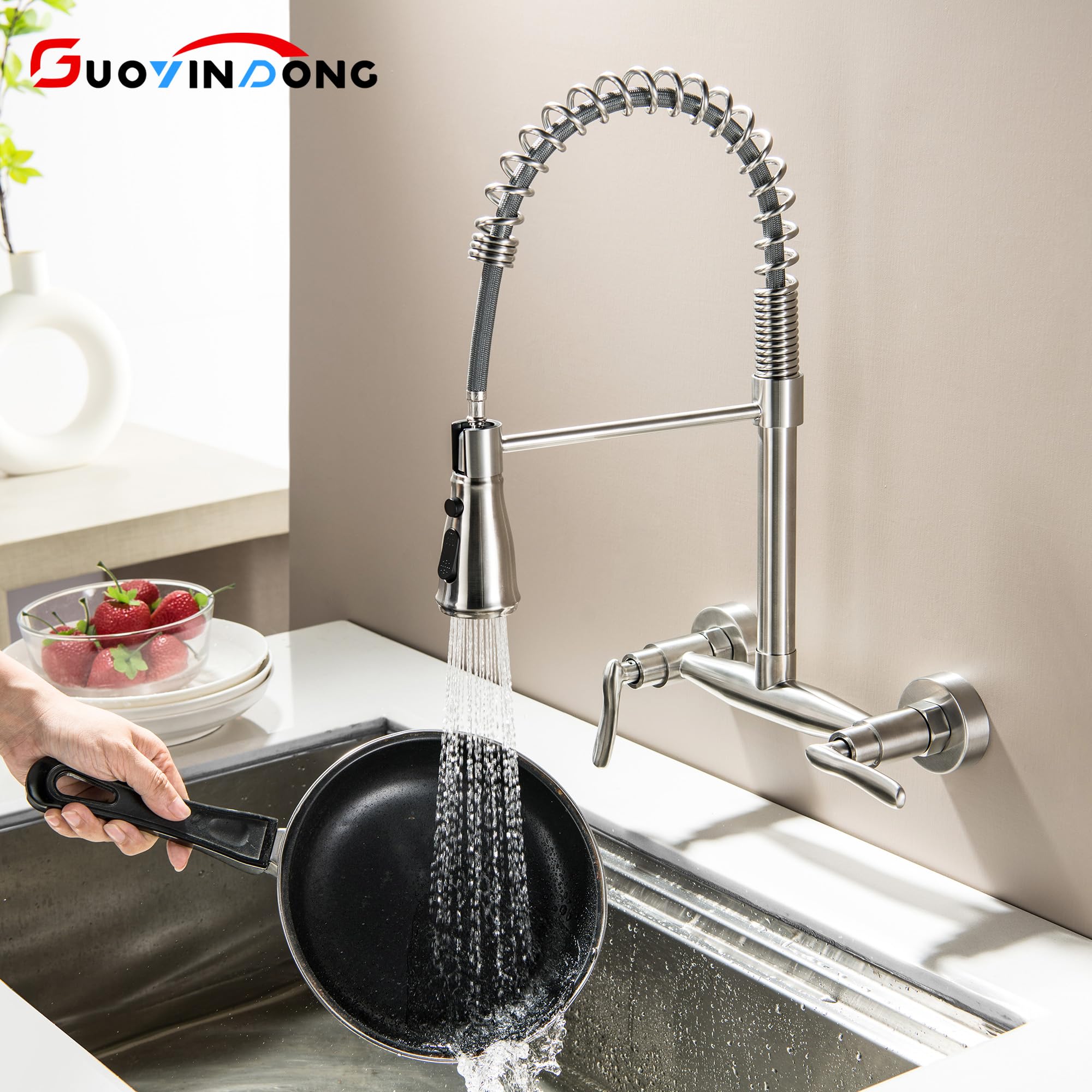 Guoyindong Wall Mount Kitchen Faucets, Wall Mounted Kitchen Faucet 8 Inch Center Brushed Nickel Wall Kitchen Sink Faucets With Sprayer