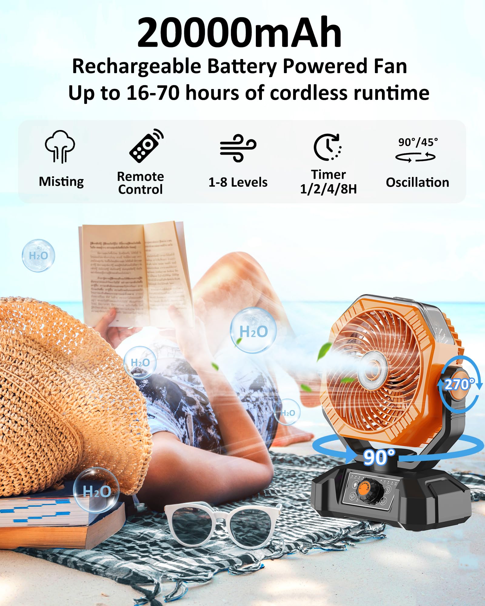 Rechargeable Portable Fan, Battery Powered Fan, Large, Orange, Hy-8136W