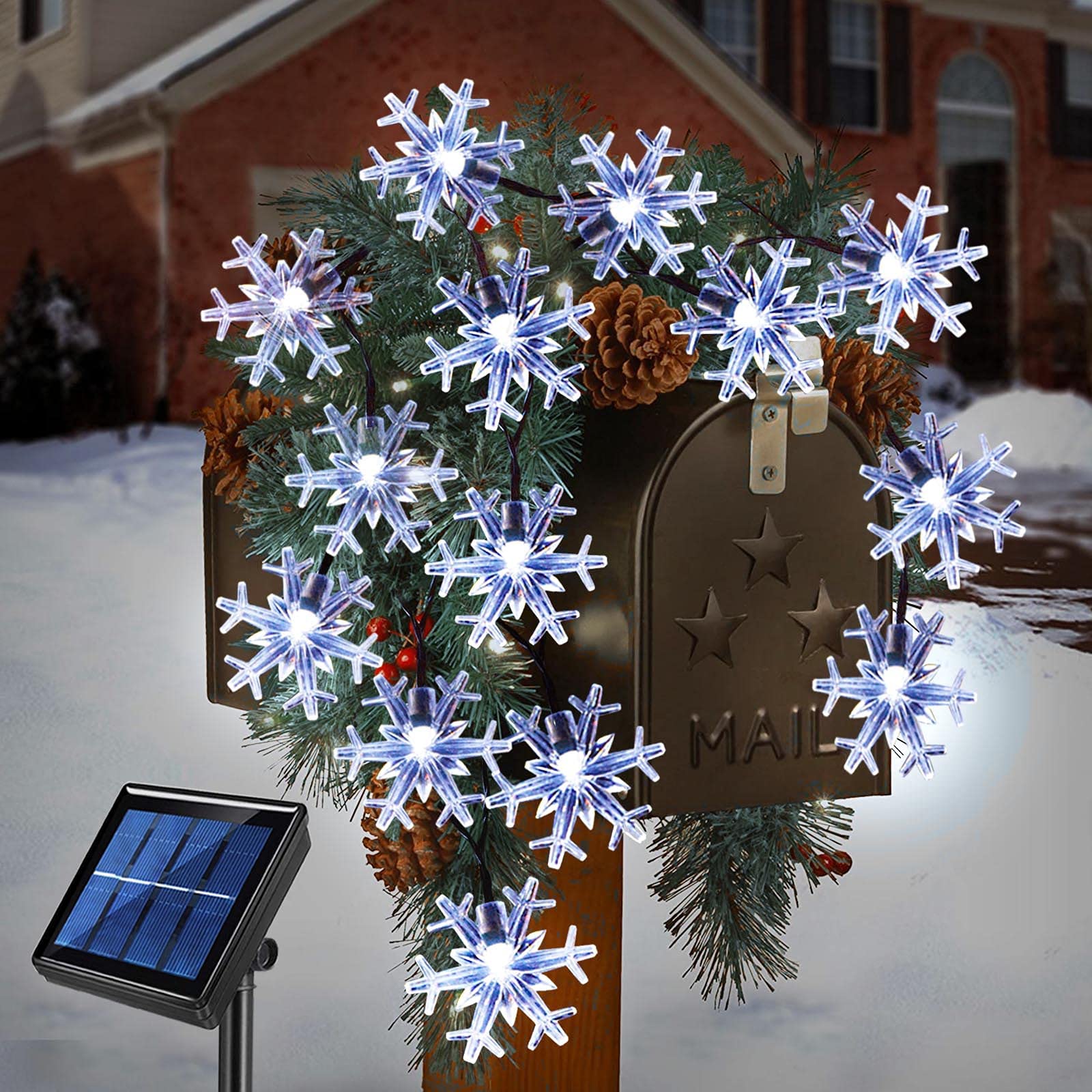 Janchs 55Ft 100 Led Solar Christmas Lights Outdoor Decorations, 8 Modes Waterproof Led Snowflake String Lights For Outside Wedding Party Porch Deck Christmas Tree, Garlands, Wreath Decor, Cool White