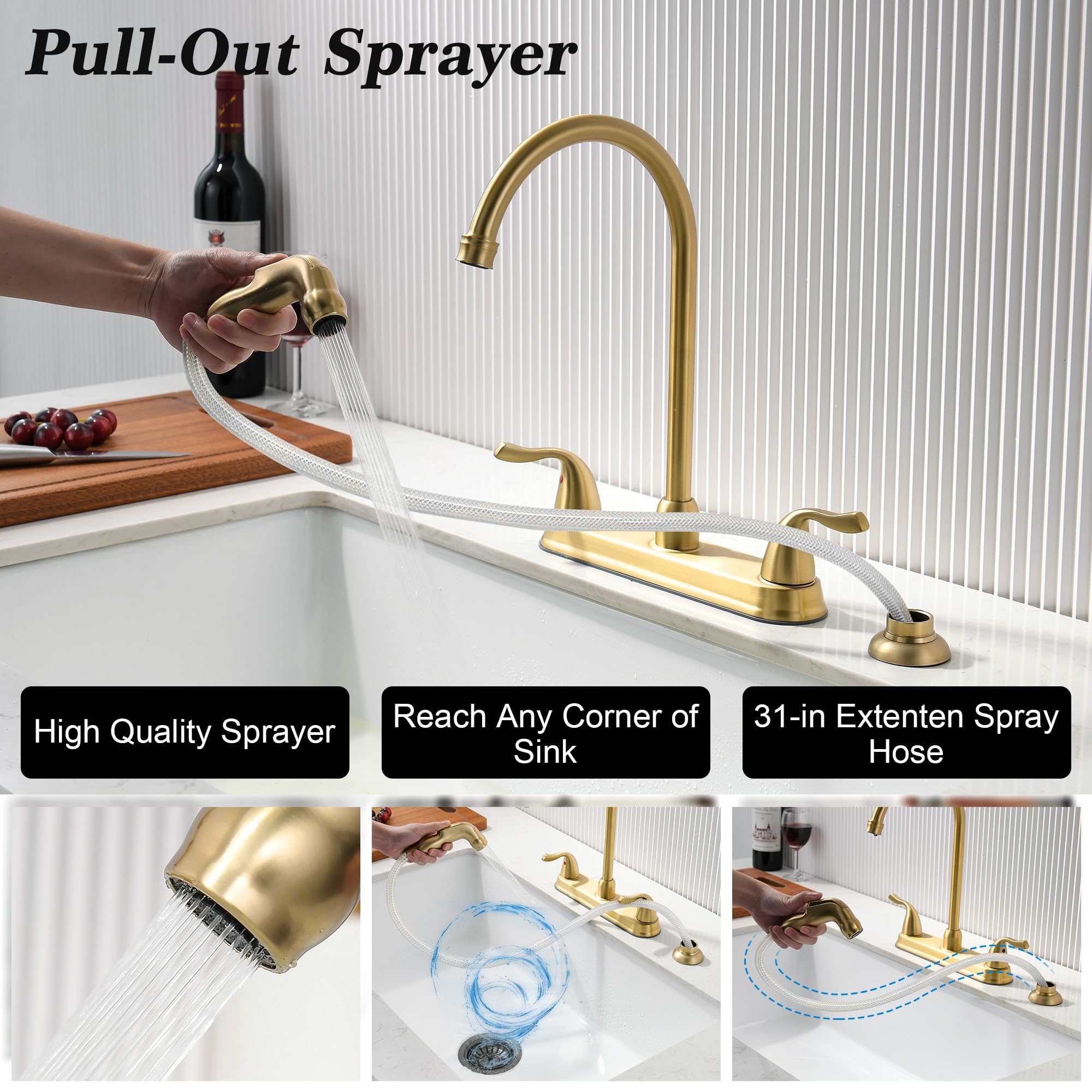 Fropo Gold Kitchen Faucet With Side Sprayer - 2 Handle 8 Inch 3 Or 4 Hole Modern Brass Matte Gold Faucet Set With High Pressure Sprayer & Supply Lines
