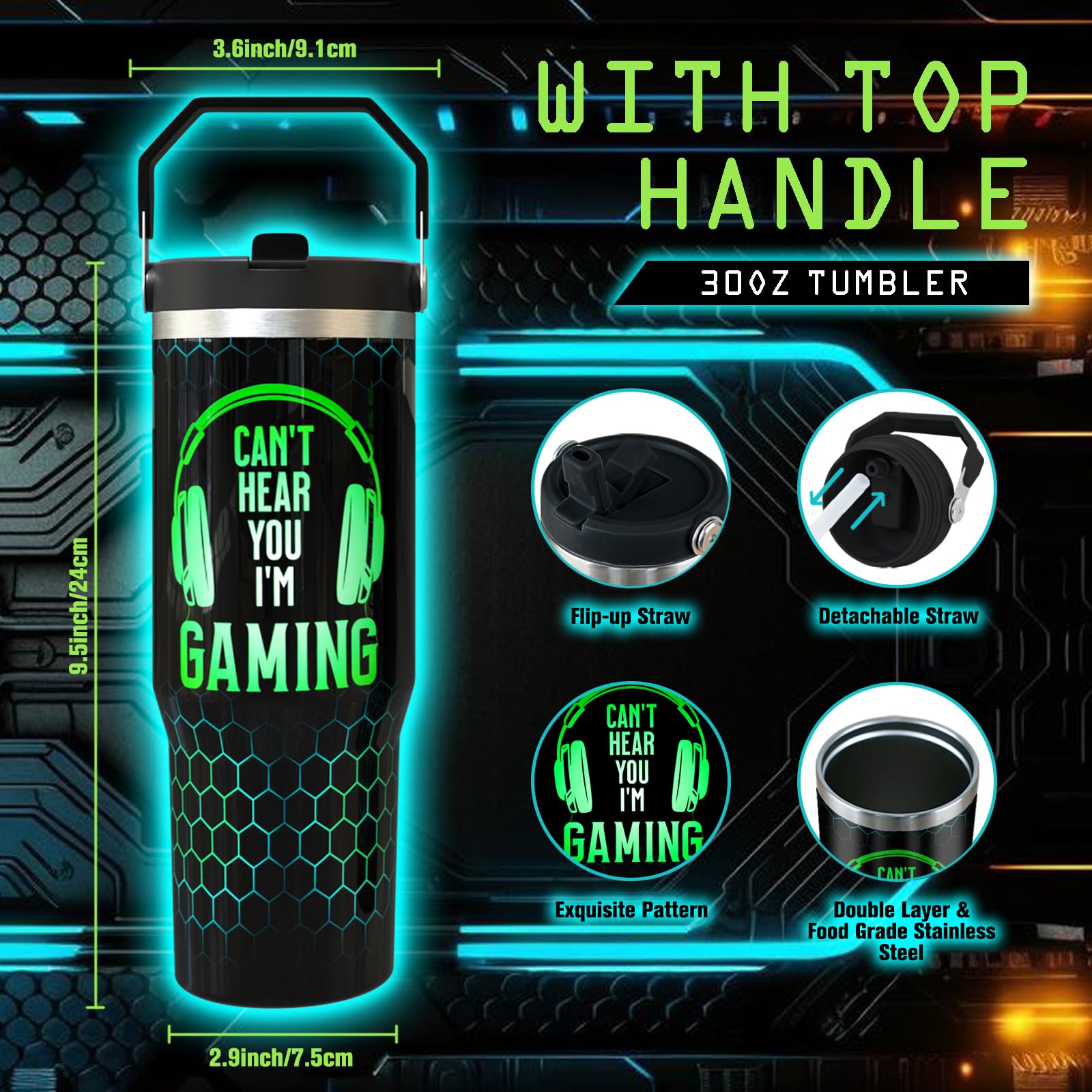 30 Oz Gamer Tumbler With Straw, 30Oz Gaming Flip Straw Tumbler Insulated Coffee Travel Mugs